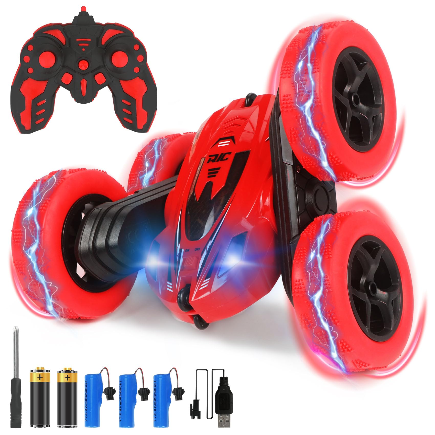 MUCOOS Remote Control Car, RC Stunt Cars RC Cars with 2.4Ghz Double Sided 360° Flips Rotating for 6 Years and Up Kids All Terrain Car Toys for Boys Girls Birthday Gift (Red)