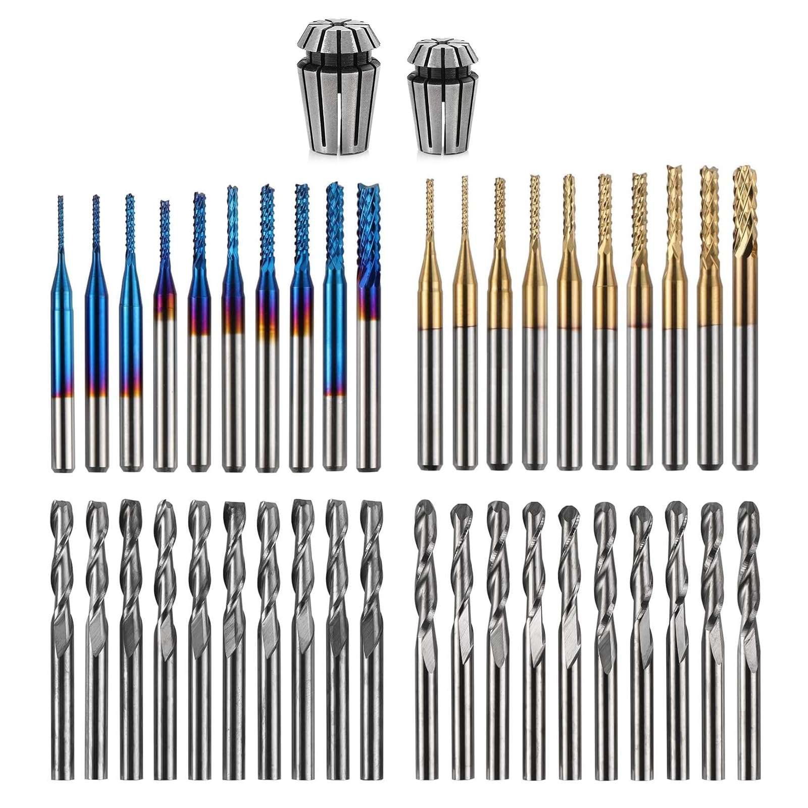 LUNYEE 40pcs End Mills CNC Router Bits with ER11, ER16 Collet, 1/8" Shank CNC Cutter Milling Carving Bit Set Including 2-Flute Flat Nose & Ball Nose, Nano Blue Coat & Titanium Coat CNC Bits