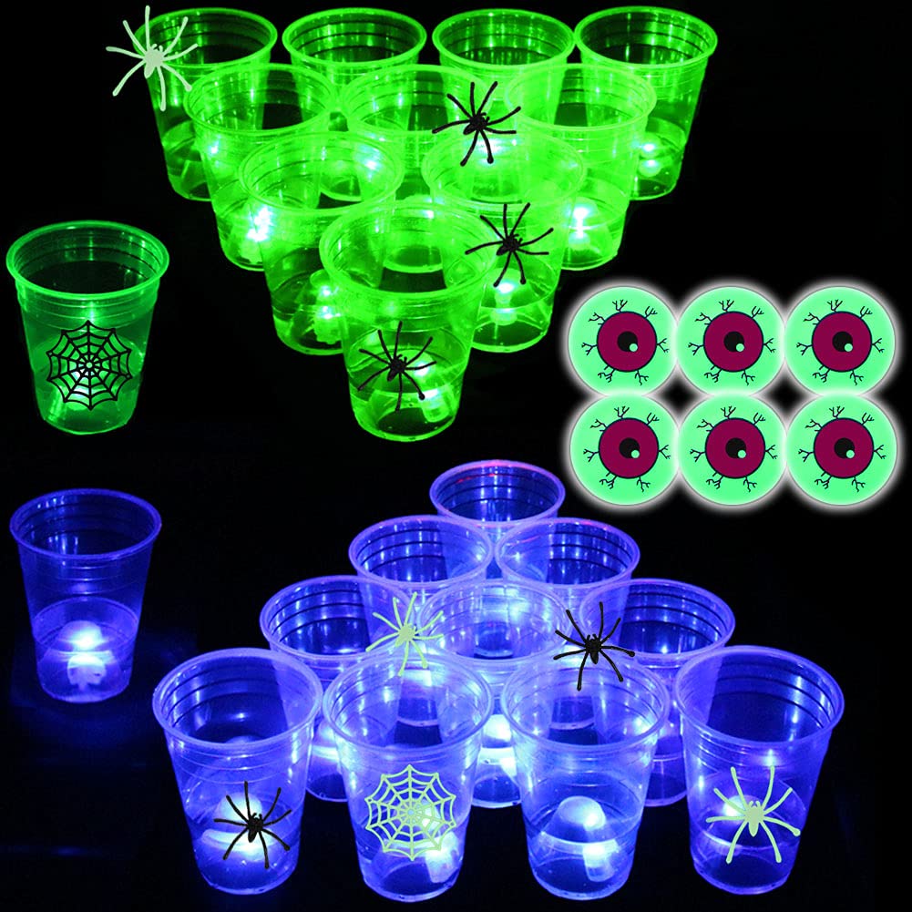 (Eyeball) The Halloween Glow in The Dark Beer Pong Set-Light up Beer Pong Cups for Indoor Outdoor Nighttime Competitive Fun,22 Glowing Cups(11 Green &11 Blue), 6 Glowing Balls- Party Game