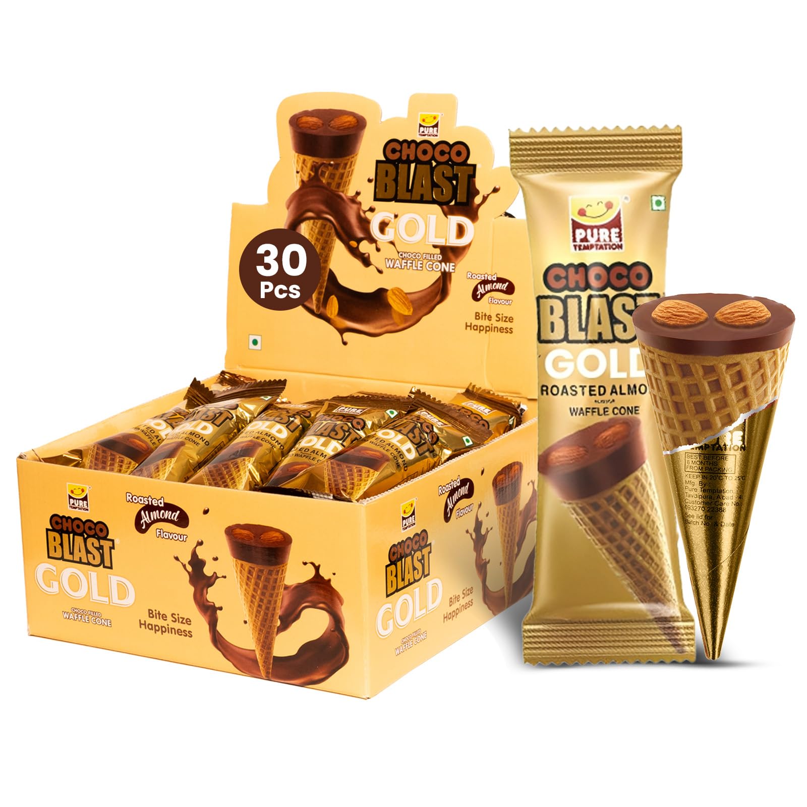 Pure Temptation Chocoblast Chocolate-Filled Waffle Cones [30 Pieces Chocolate Box] Snacks for Kids & Adults- Non-Meltable Chocolate Gift Pack- Individually Wrapped Chocolate Cone Bites- Roasted Almond