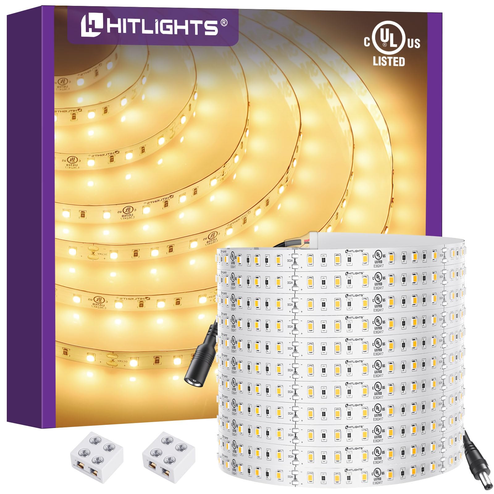 HitLights 24V LED Strip Lights Warm White 3000K, 26.2ft Cuttable Tape Backed 3oz PCB, UL Listed, 1325 Lumen/m, CRI>95, IP20, Lighting for Bedroom, Kitchen, Under Cabinets (Power Source Not Included)