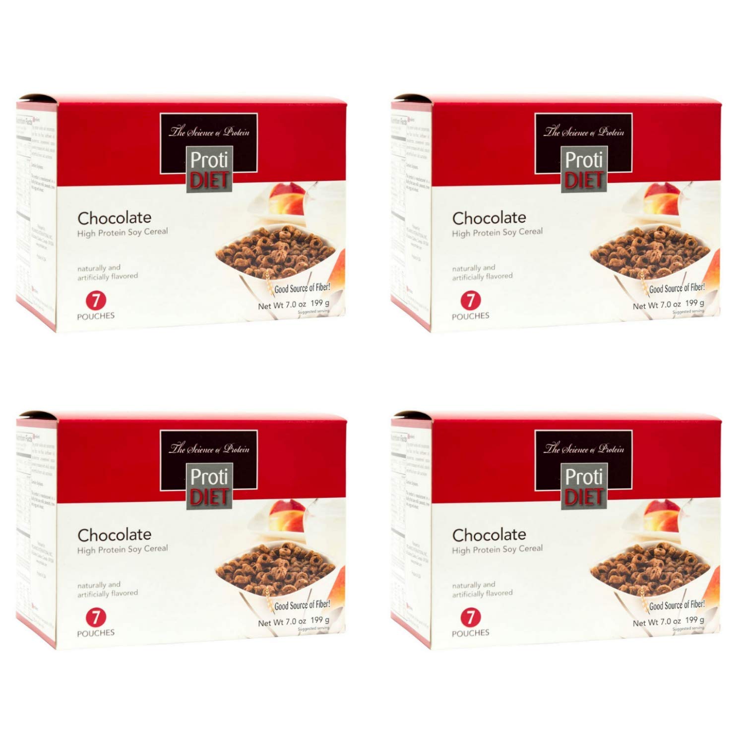 ProtiDIETCereal - Chocolate Soy (7/Box) - High Protein (15 Grams) - Low Calorie - High Fiber (4 Grams) | 4 Pack