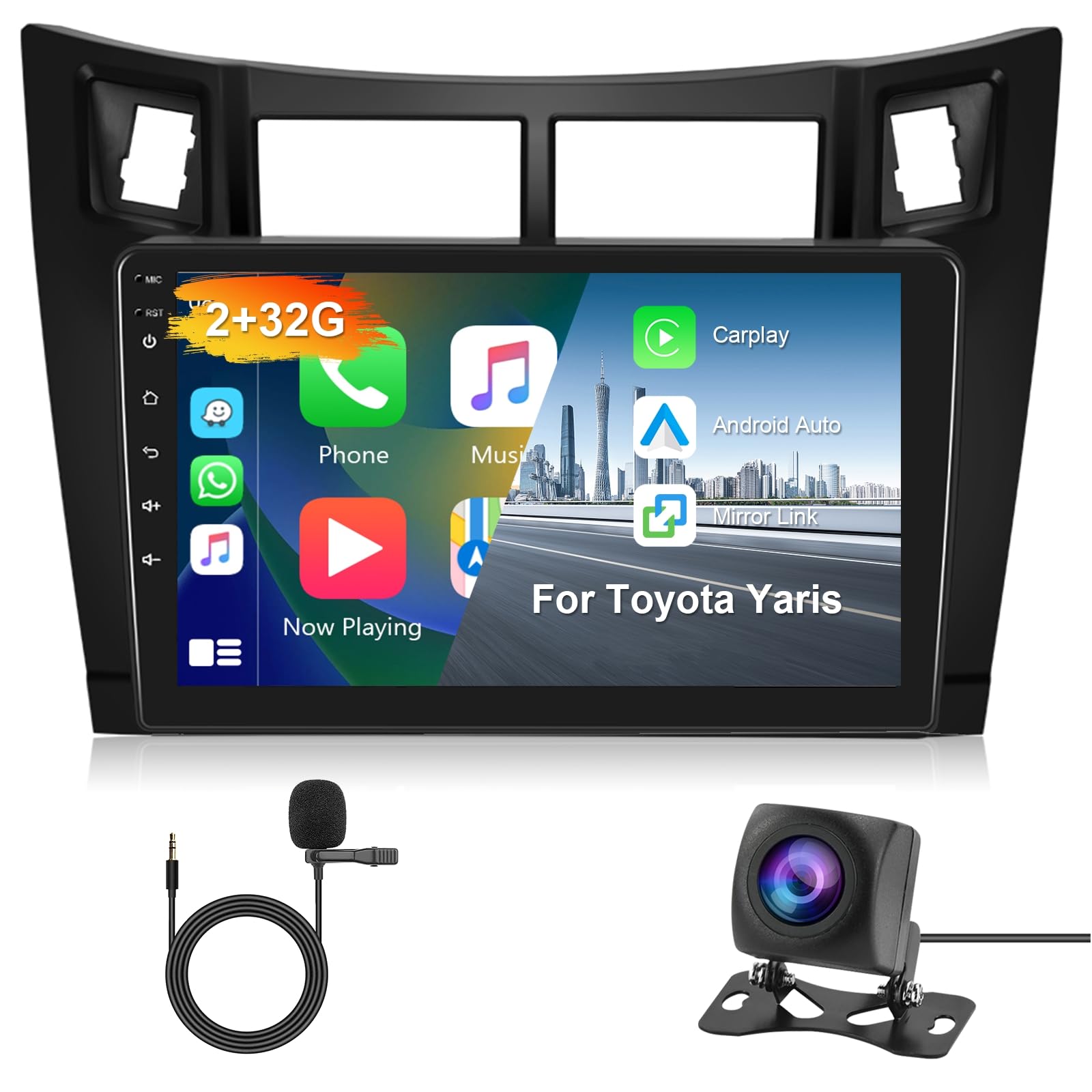 2G 64G Android Car Stereo for Toyota Yaris 2005-2012 Radio Carplay Wireless Android Auto, Hodozzy 9 inch Touch Screen GPS Navigation WiFi Bluetooth FM RDS Mirror Link Double Din Car Radio mit Camera