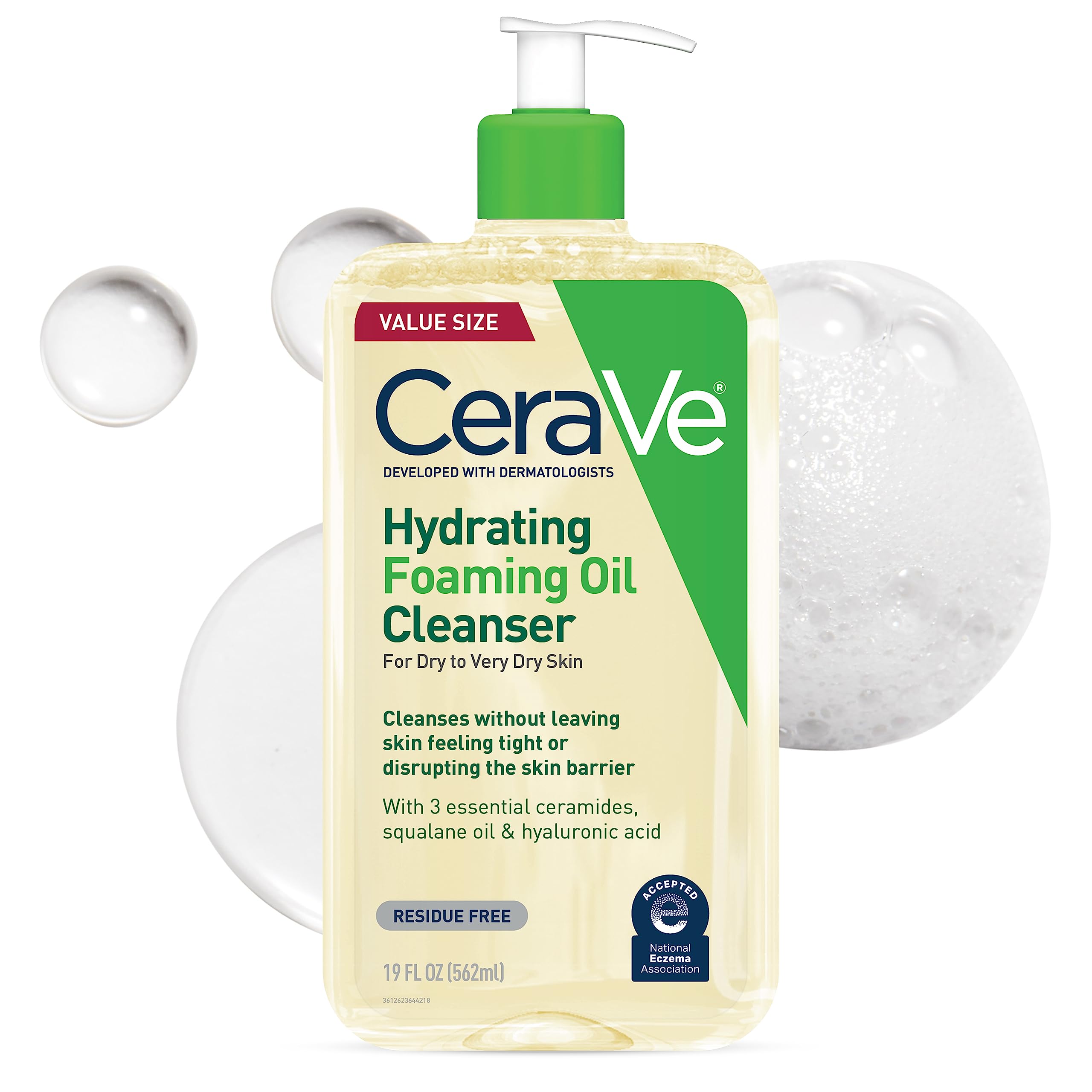 CeraVeHydrating Foaming Oil Cleanser | Moisturizing Oil Cleanser for Face & Body | Squalane Oil + Hyaluronic Acid + Ceramides | For Dry to Very Dry Skin | Fragrance Free & Residue Free | 19 FL Oz