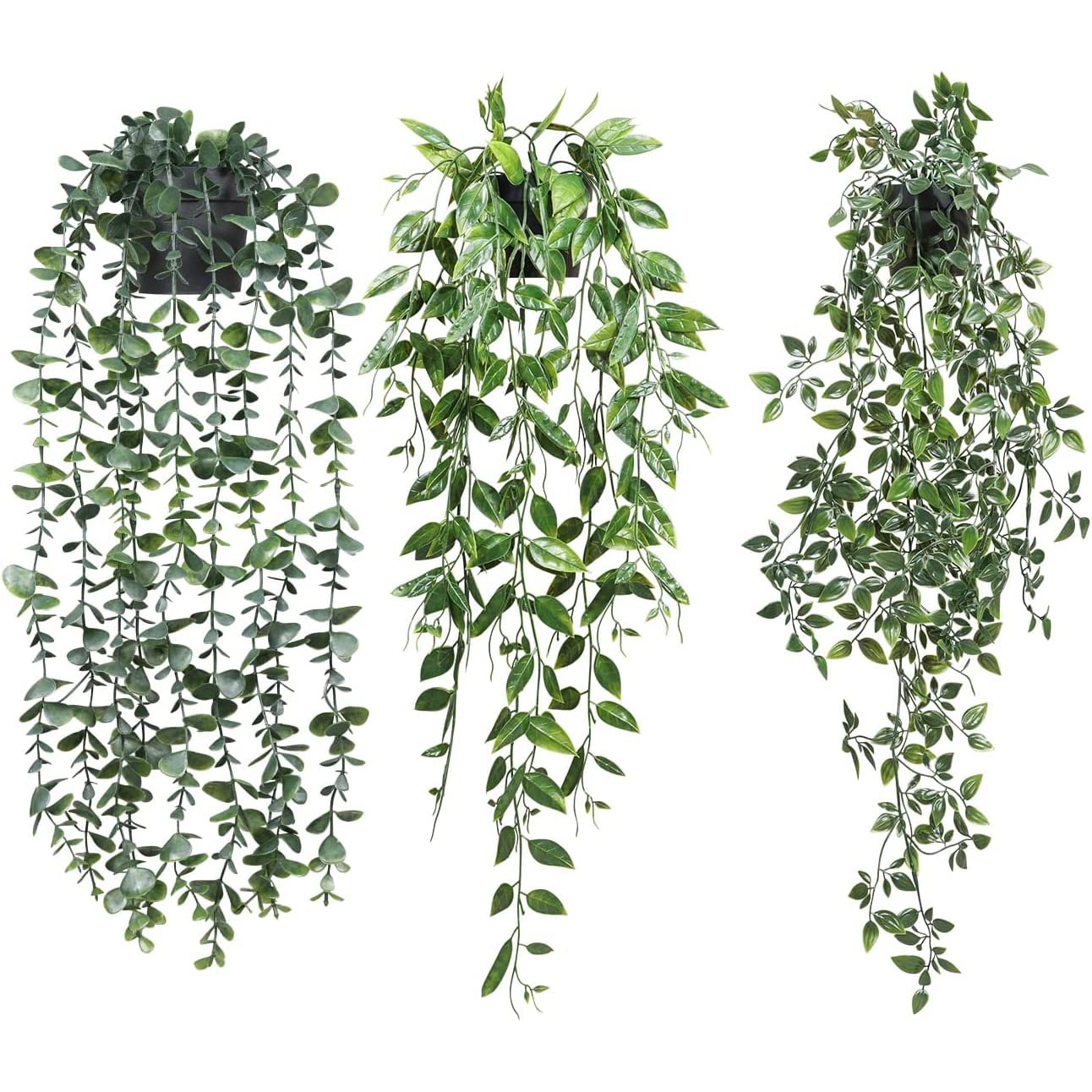 Angju Artificial Hanging Plants, 3 Pack Fake Hanging Plants Fake Potted Greenery Plants Faux Eucalyptus Vine, Mandala Vine in Pot for Home Room Indoor Outdoor Shelf Decor