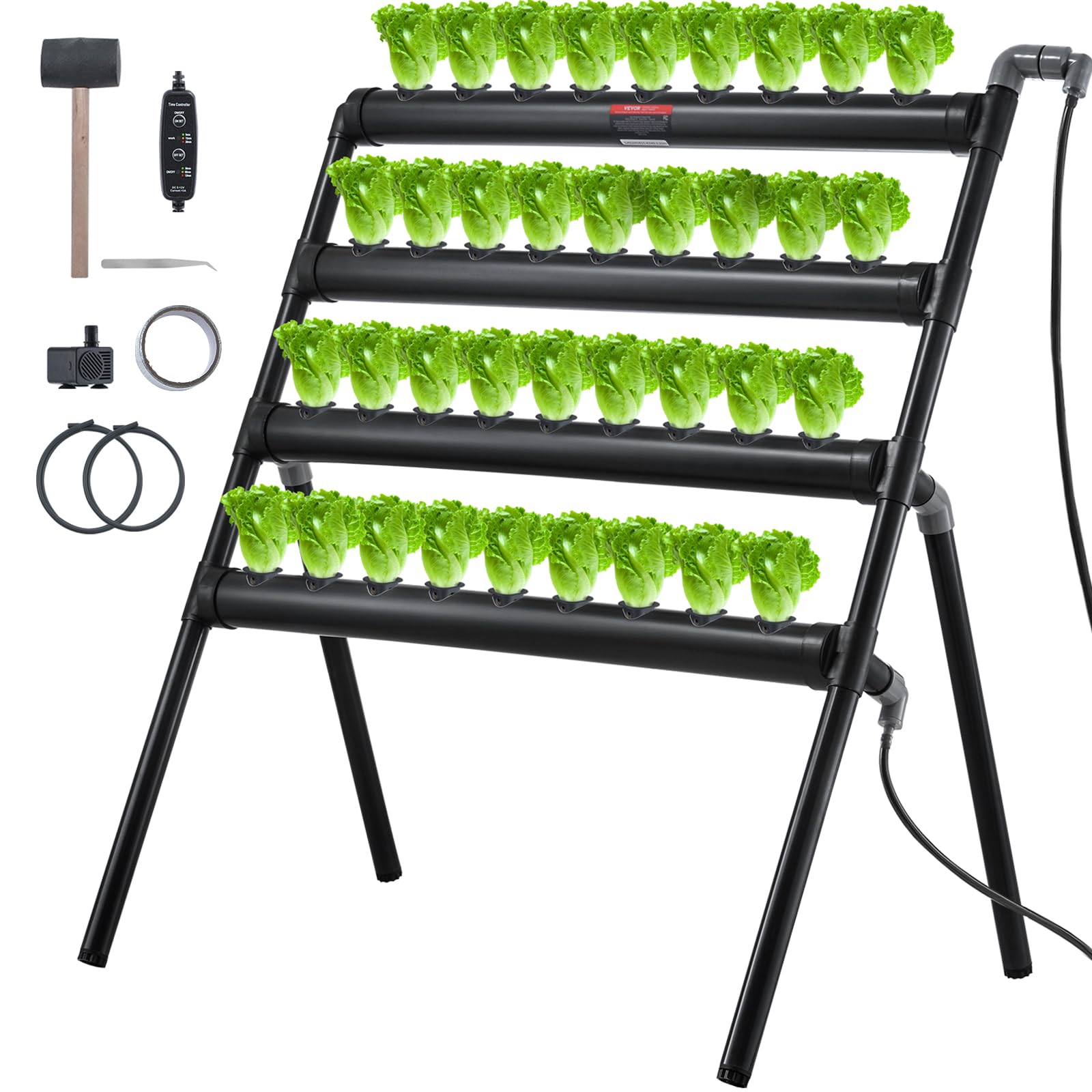 VEVOR Hydroponics Growing System 36 Sites 4 Layers Dark Grey PVC Pipes with Water Pump, Timer, Baskets and Sponges for Fruits, Vegetables, Herb