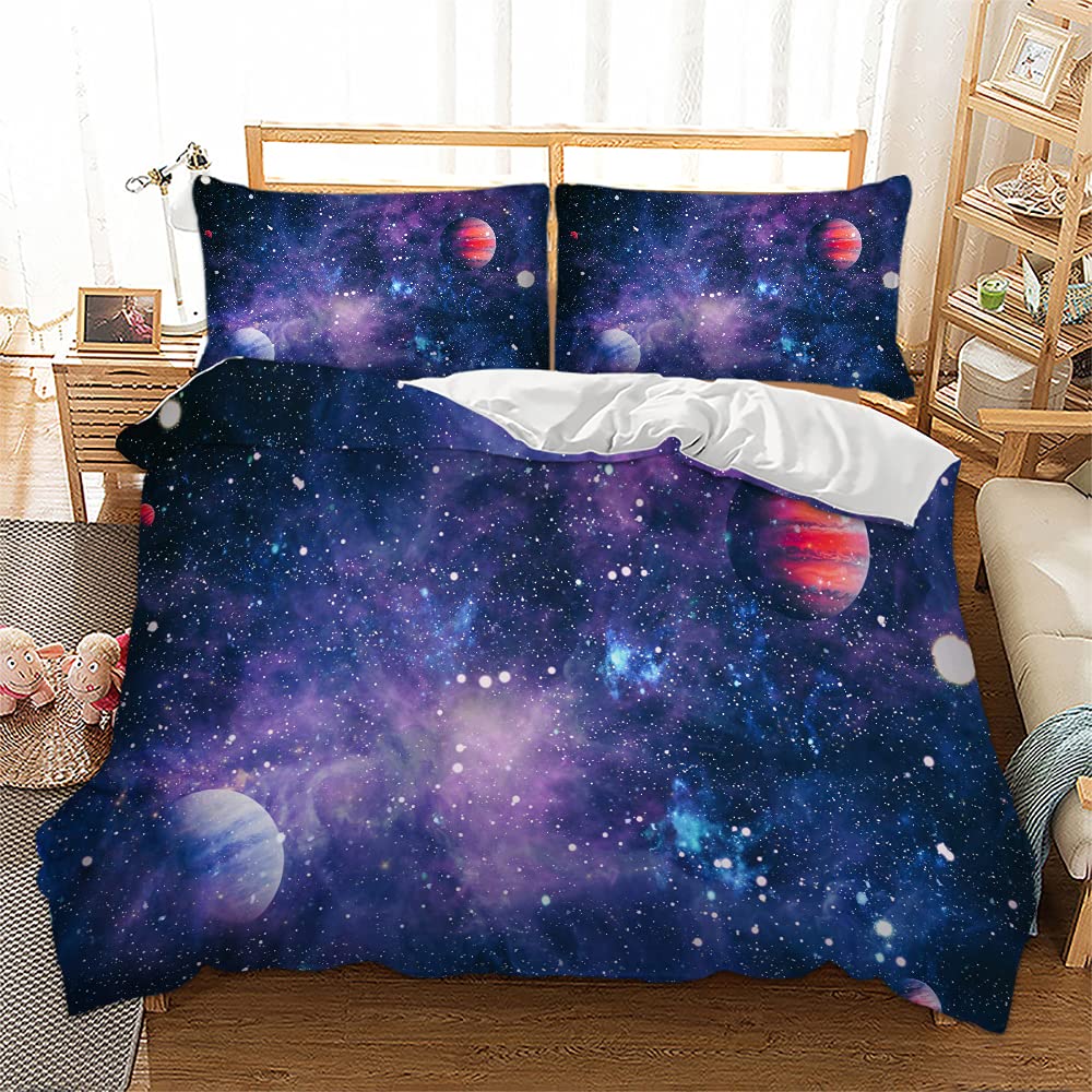 3D Galaxy Bedding Purple Duvet Cover Set Single Size Soft Microfiber Lightweight Quilt Cover Pillowcase with Zipper Closure for Kids Teens Adults 2PCs 135x200cm