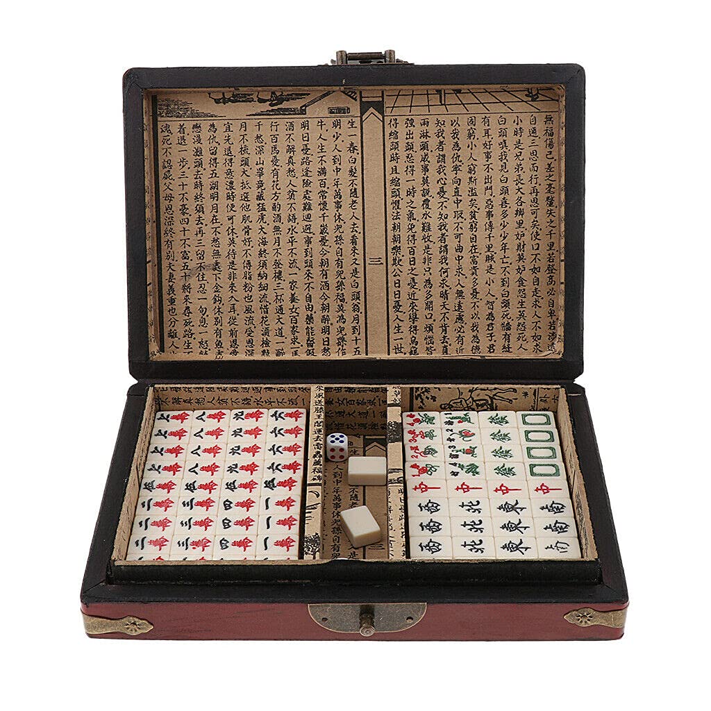 LinaLife Chinese Mahjong Toy Set, Classic Board Game 144 Tiles Set with a Wooden Box asy-to-Read Game Set Travel Mahjong Set Portable Size and Light Weight