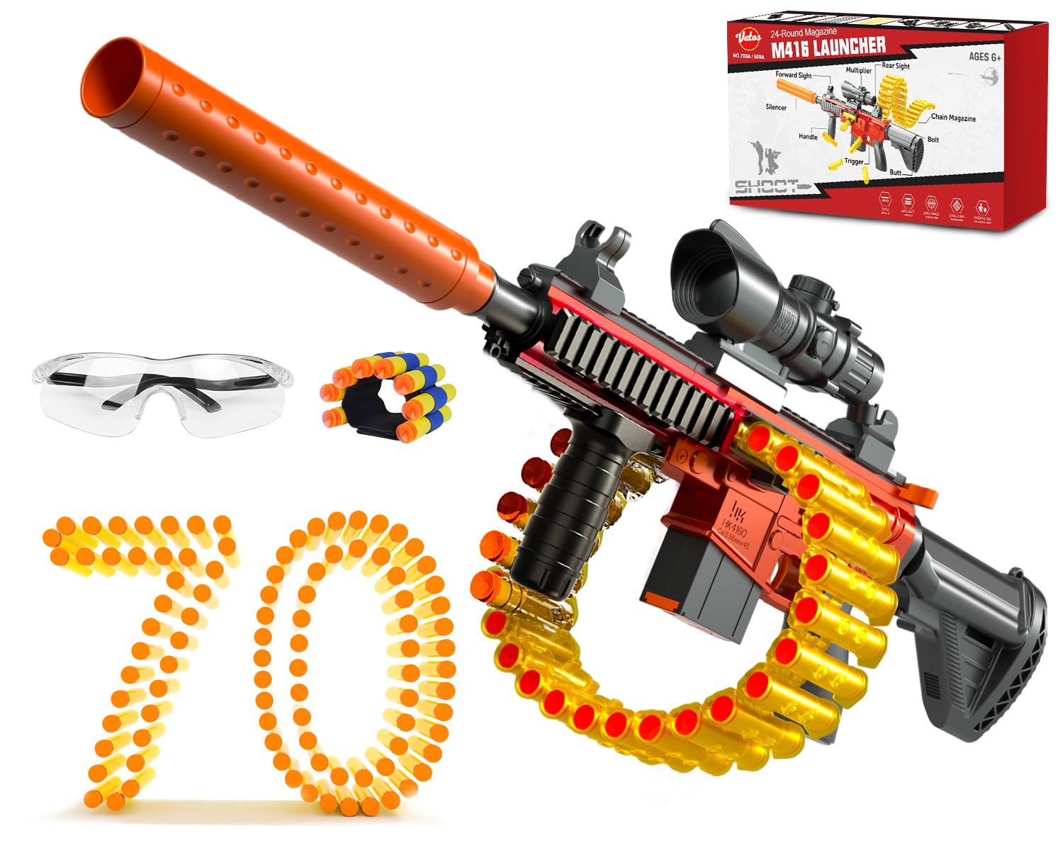 VATOS Foam Blaster Toy Gun for kids with Shell throwing Mode and Chain Mode(24-Darts Clip), Manual Foam Blasters Toy Guns with 70 Darts, Shooting Games Toys Gift for 6-8 Year Old Boys Girls