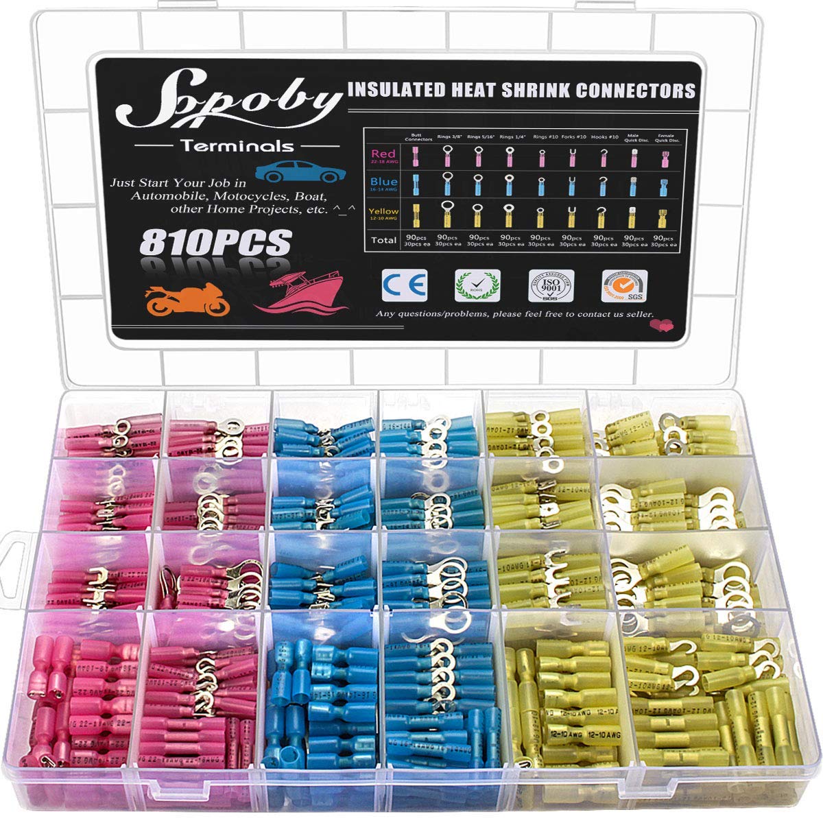 810PCS Heat Shrink Connectors - Sopoby Electrical Wire Connectors Crimp Connectors - Insulated Automotive Marine Wire Terminal Kit - Ring Fork Hook Spade Butt Splices