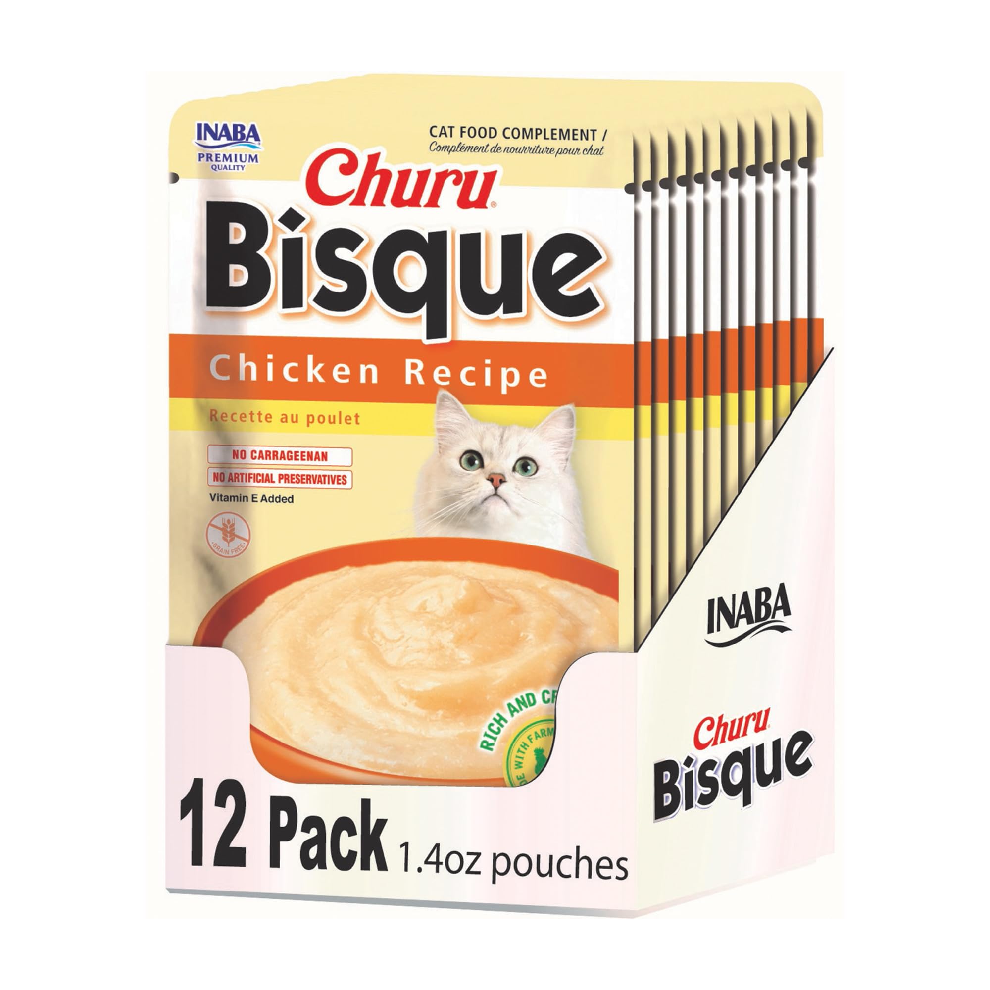 INABA Churu Bisque for Cats, Creamy Lickable Purée Side Dish with Vitamin E, 1.4 Ounces per Pouch, 12 Pouches, Chicken Recipe