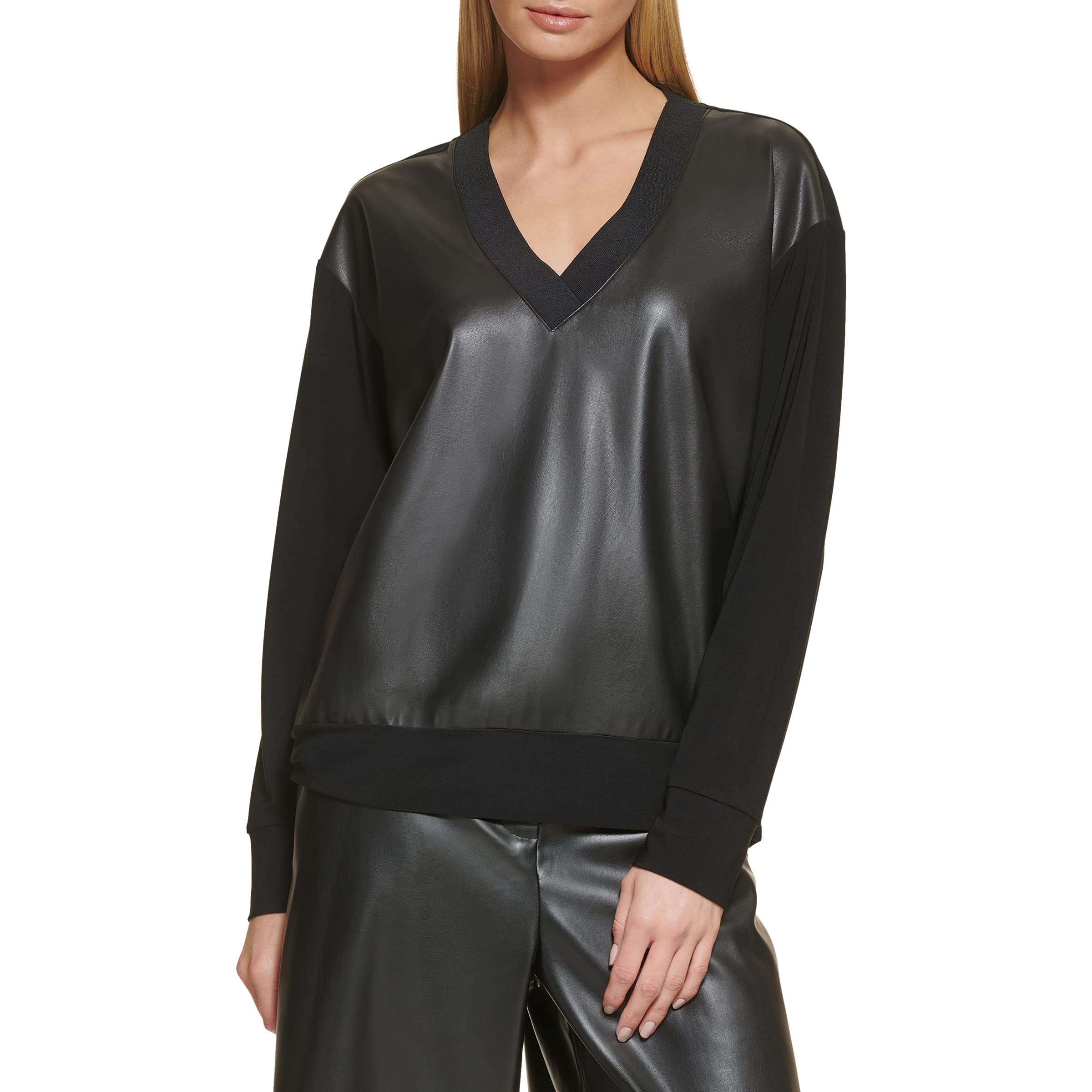 Women's V-neck Faux Leather Front Knit Top Sweatshirt