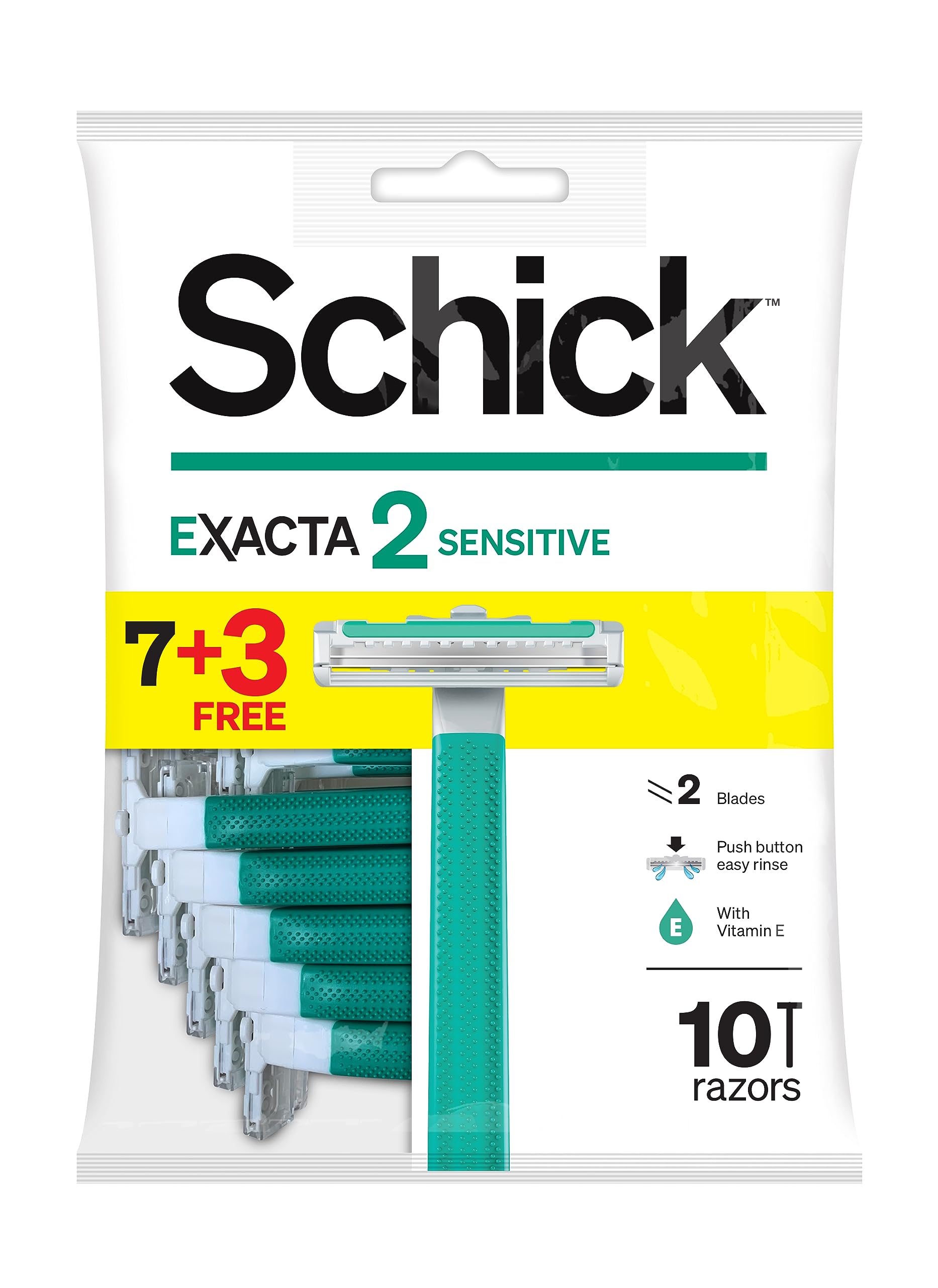 SchickExacta2 Sensitive Twin Blade Disposable Razor For Men-Strip Enriched With Vitamin E & Aloe-Vera-Close & Smooth Shave-Push Clean Button-Slim Head-Non Slip Comfortable Rubber Grip- 7+3 Razors