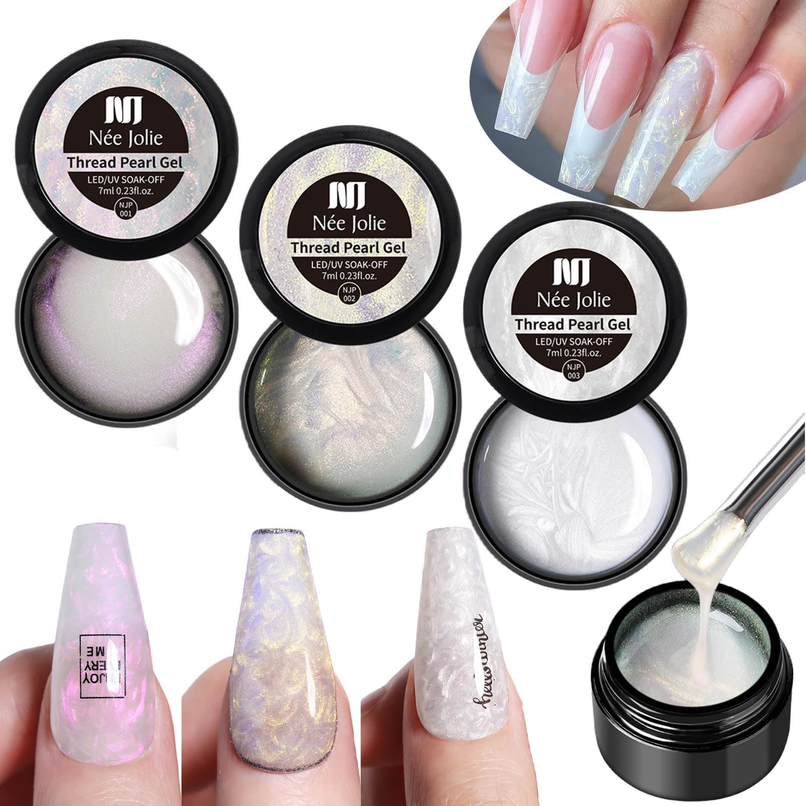 AzoneePearl Shimmer Gel Nail Polish Pearlescent Mermaid Chrome Gel Polish Purple Gold White Pearl Gel Polish Soak Off UV Led Gel Polish Shell Swirl Thread Effect for DIY Manicure Use (3PCS)