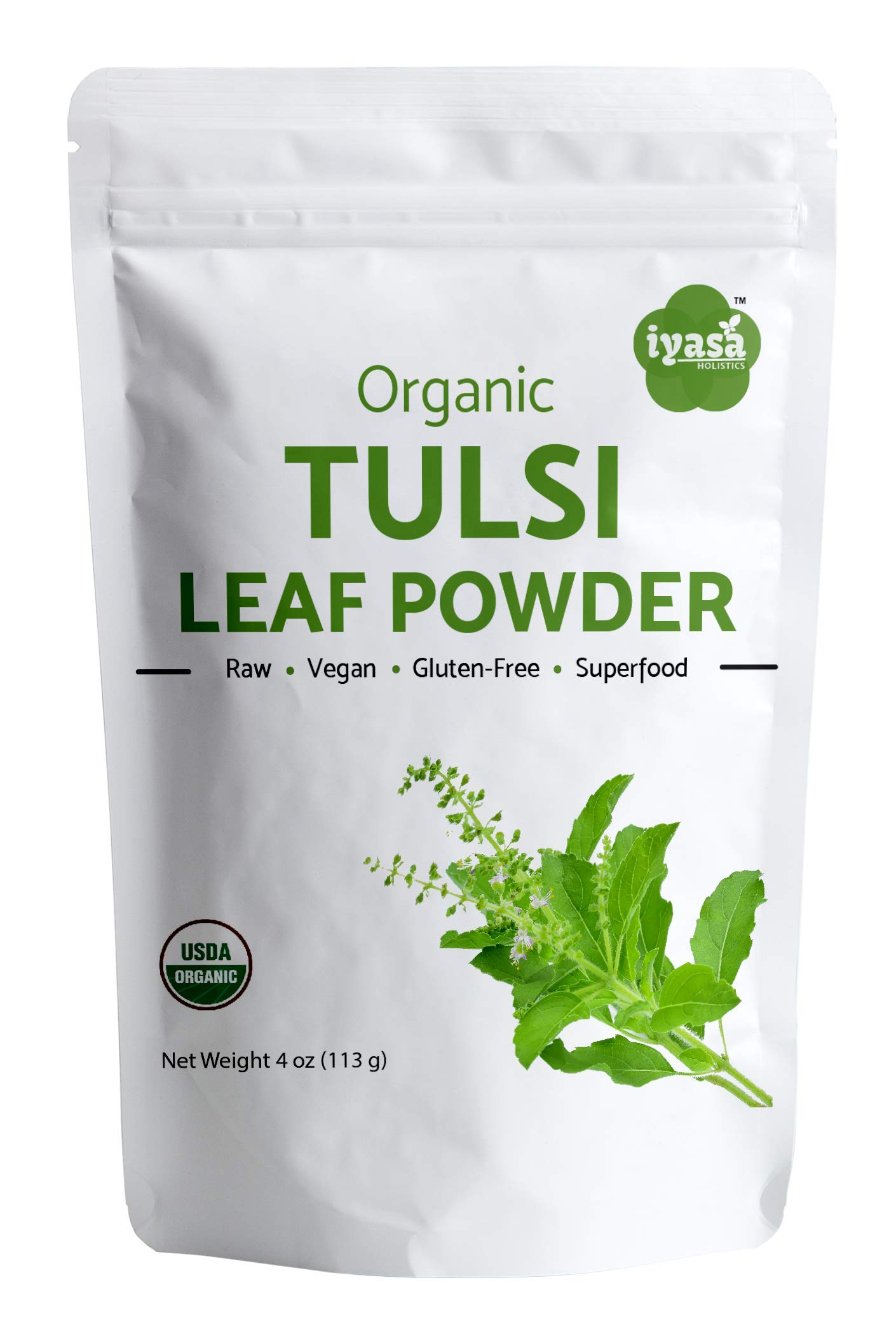 Organic Tulsi Leaf Powder 4 Oz/113 Gm Holy Basil Tea Powder Ocimum Sanctum, Ayurveda Superfood Resealable Pouch