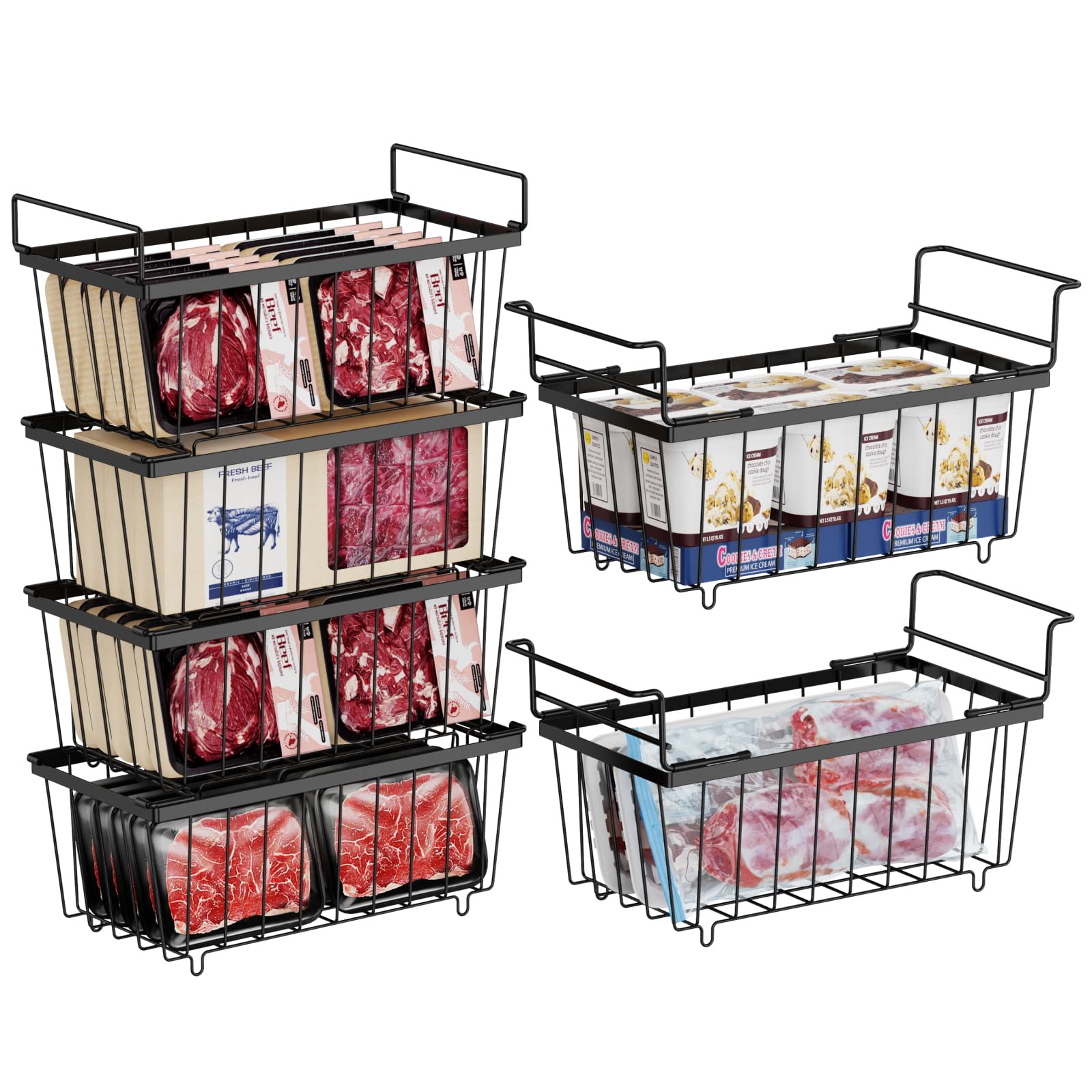 iSPECLE Chest Freezer Organizer Bins - Fit 7 Cu.Ft Deep Freezer, 2 Pack Small Hanging Baskets and 4 Pack Stackable Freezer Organizers, Easily Slide to Get Bottom Food Sort to Avoid Loss, Black