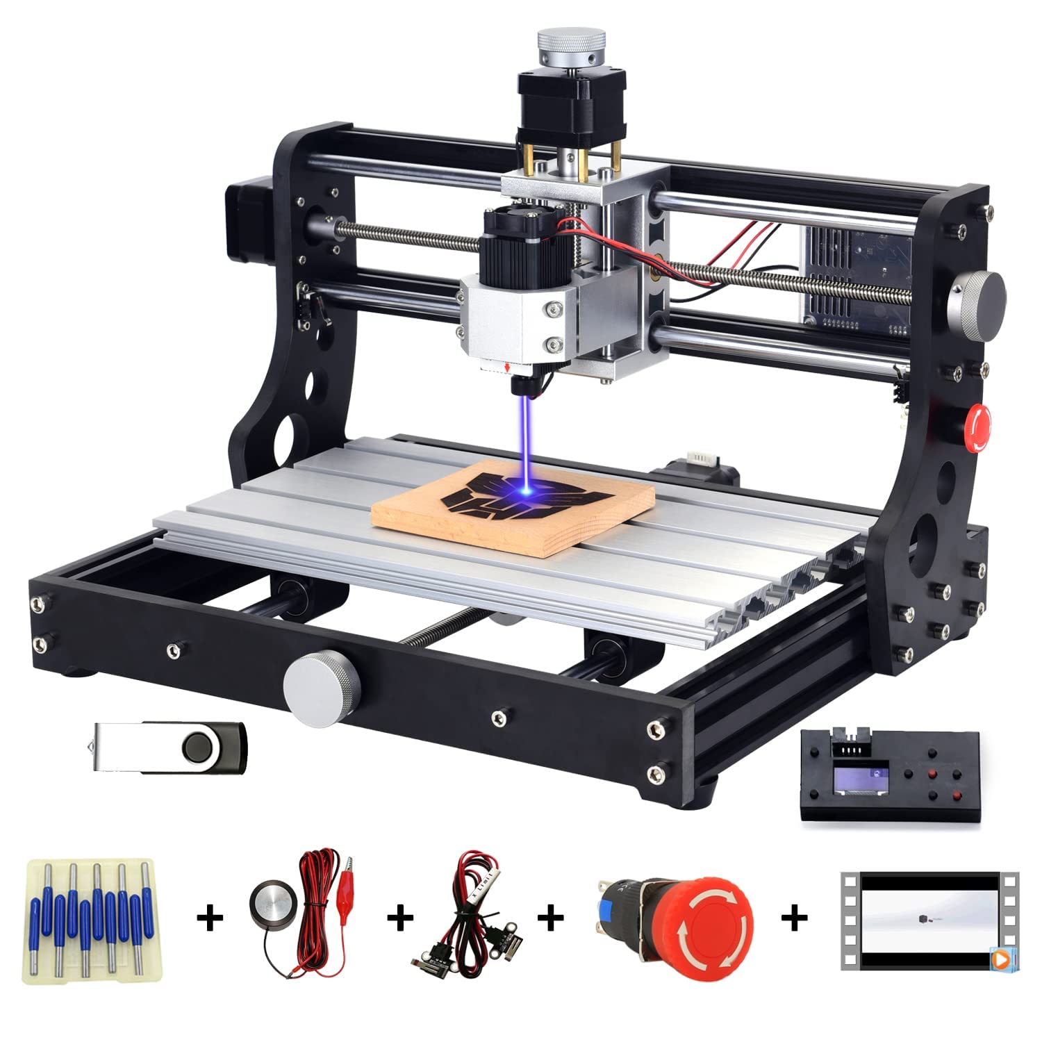 Mostics, Upgrade CNC 3018 Pro Router Machine with 5.5w, 3 Axes Desk Top Wood Cutting Engraving Machine with Emergency Stop, X,Y,Z Limited Switch, 3 x 0.1mm Precise Knobs, Gray