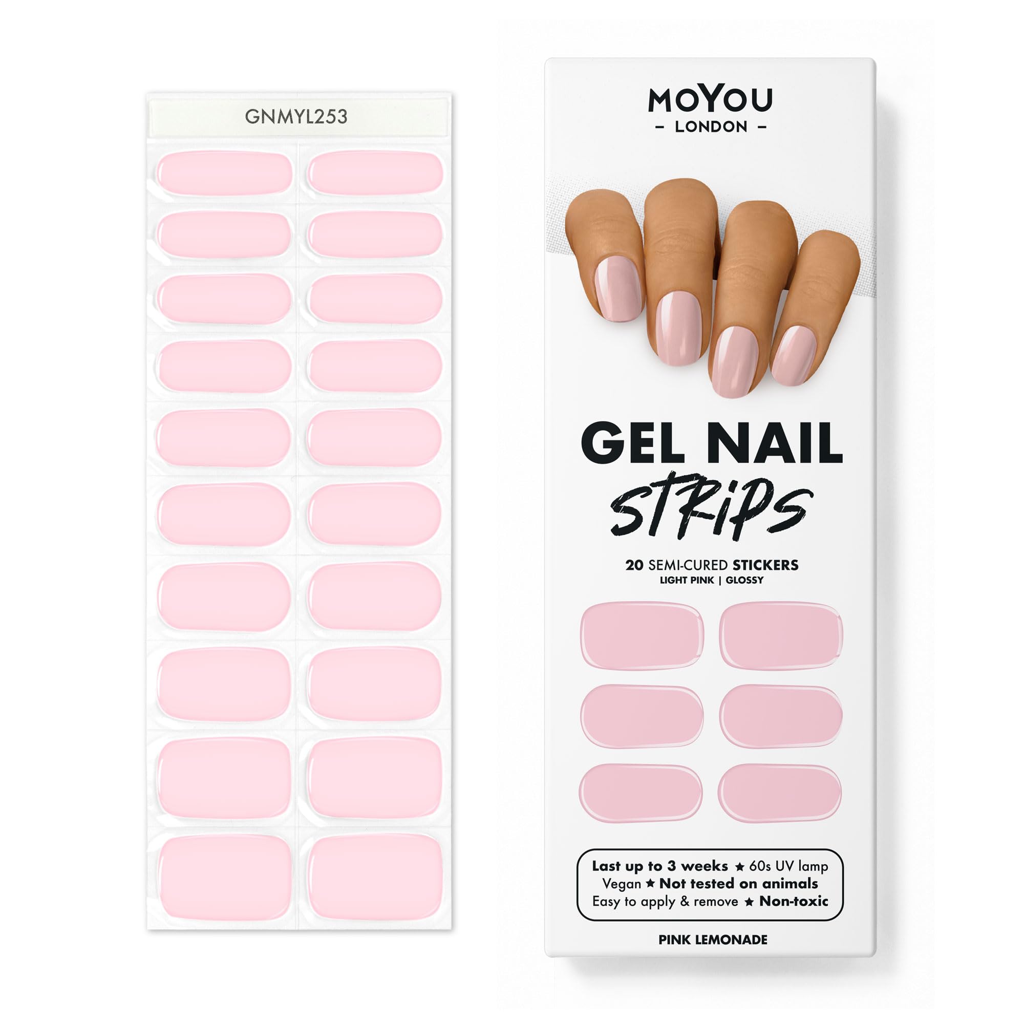 MOYOU LONDONSemi Cured Gel Nail Wraps, 20 Pcs Gel Nail Polish Strips for Salon-Quality Manicure Set with Nail File & Wooden Cuticle Stick (UV/LED Lamp Required) - Pink Lemonade