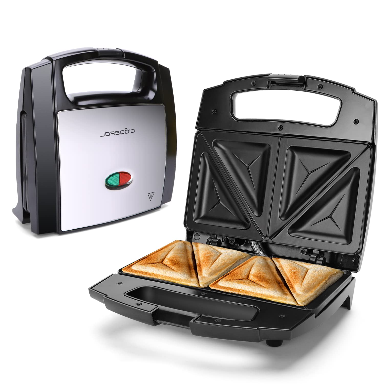 Aigostar Sandwich Toaster Toastie Maker, 2 Slice Panini Press with Easy Clean Non-Stick Plates, 800W, Cool Touch Handle, Locking Latch, Stainless Steel, Black - Lamo 30RUE