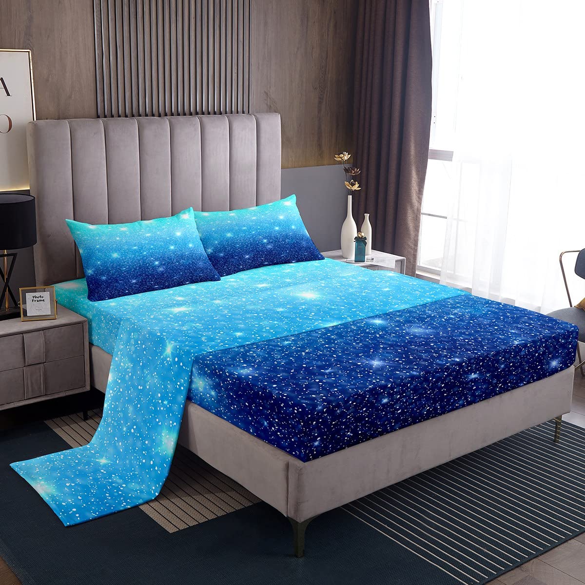 Kids Blue Glitter Sheet Set Sparkle Galaxy Twinkle Starlight Teen Gradient Design Bed Sheets Boys Girls Aqua Blue Navy Bed Set Blue Sheets Bedroom Collection 4Pcs Full Size