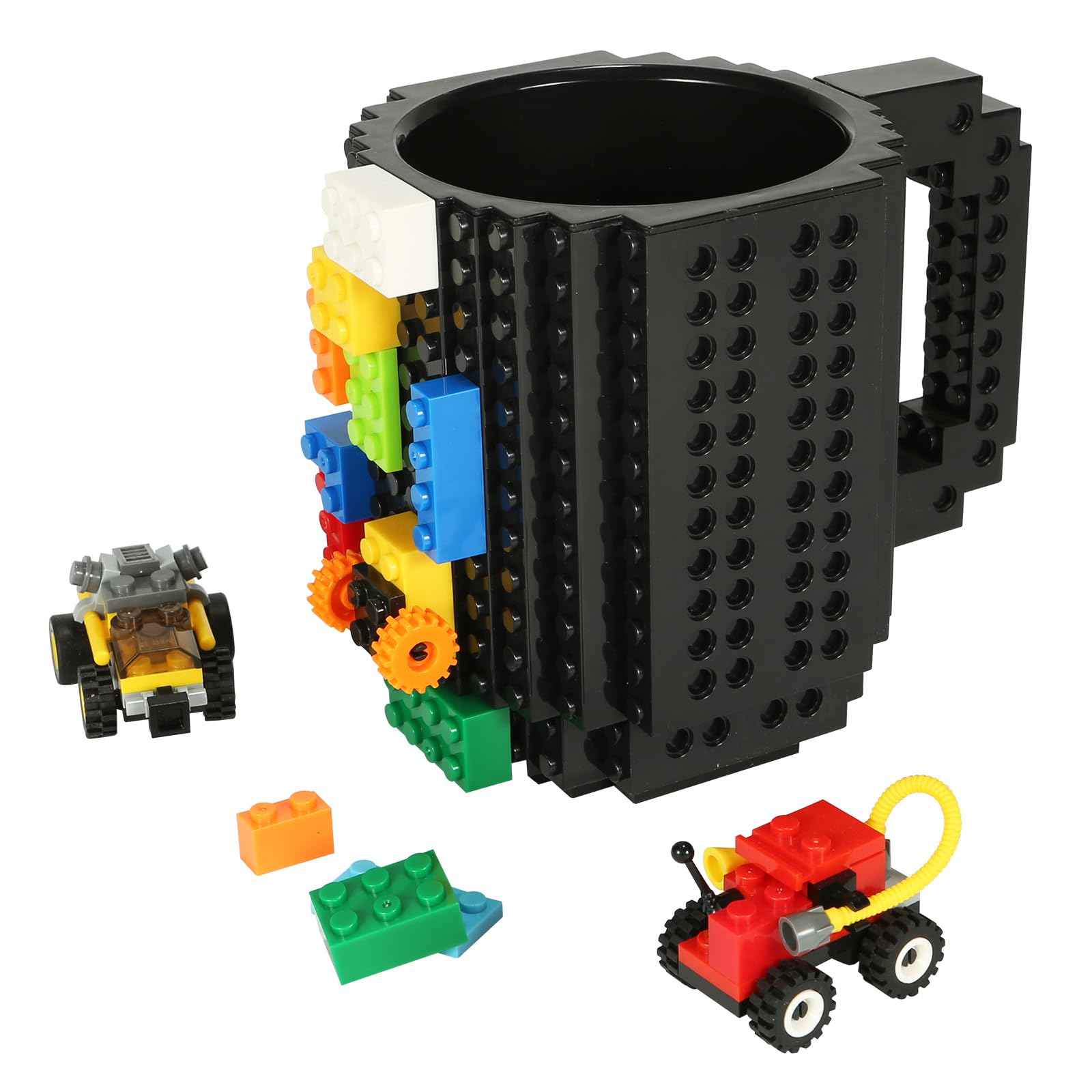 Build-on Brick Coffee Mug, Funny DIY Novelty Cup with Building Blocks Creative for Kids Men Women Xmas Birthday (Cool Black)