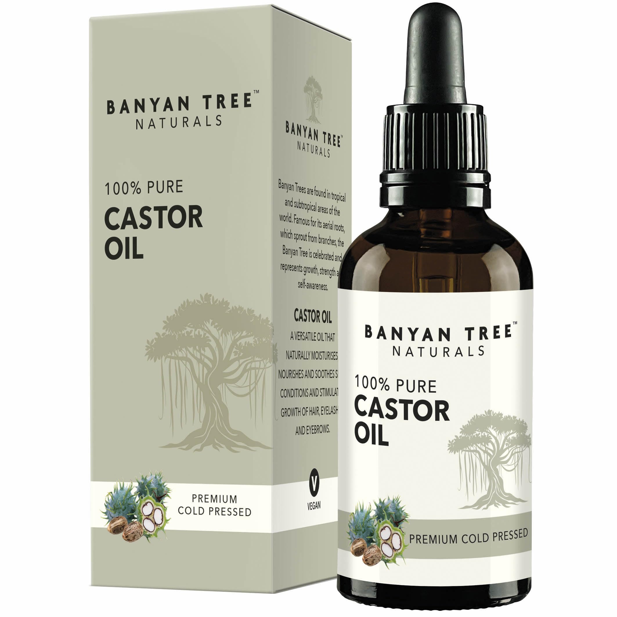 Banyan Tree Natural Castor oil 50ML 100% Pure & Natural Premium Quality Freshly Pressed UV Glass Bottle Hexane Free Eyelashes, Eyebrows, Skin & Hair Growth