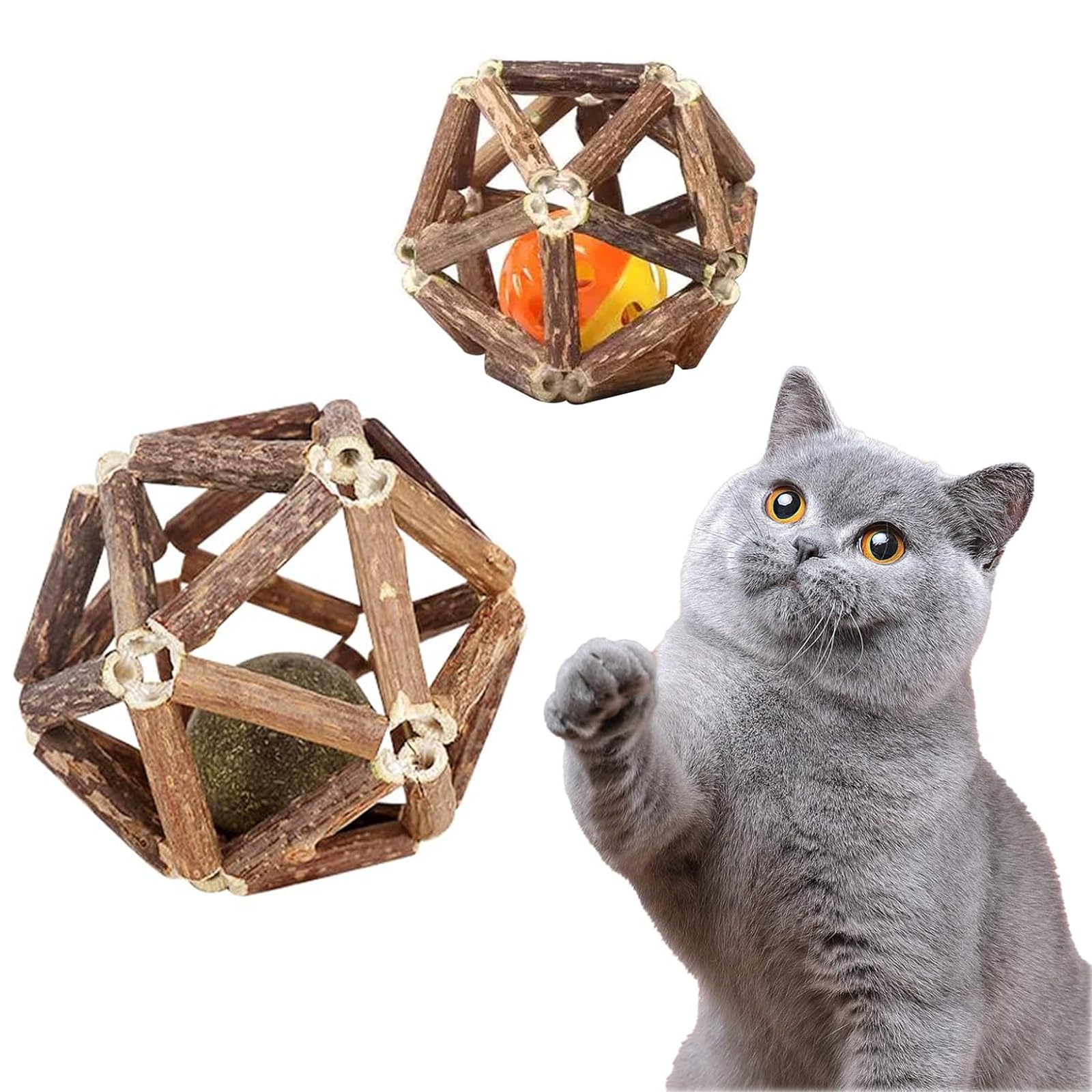 FENDOUNIUCatnip Toys , Natural Silvervine Catnip Balls and Hand-Woven Bell Balls, Cat Chew Toys, Indoor Sounding MolarToys, Cat Enrichment Toys for Teeth Cleaning and Stress Relief (2 Pcs)