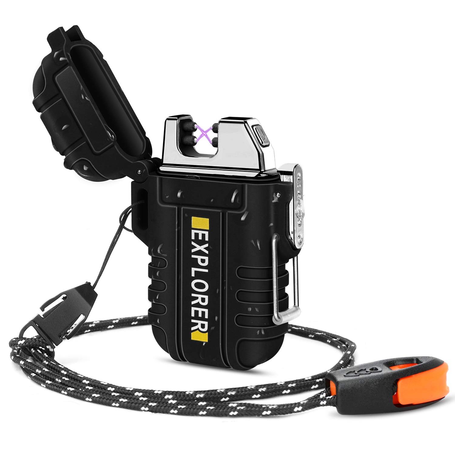 Waterproof Flameless Electric Lighter-Dual Arc Plasma Beam Lighter/USB rechargeable/Windproof/No Butane/Para-tinder Lanyard & Emergency Whistle/Ideal Lighter for Indoor and Outdoor (Black)