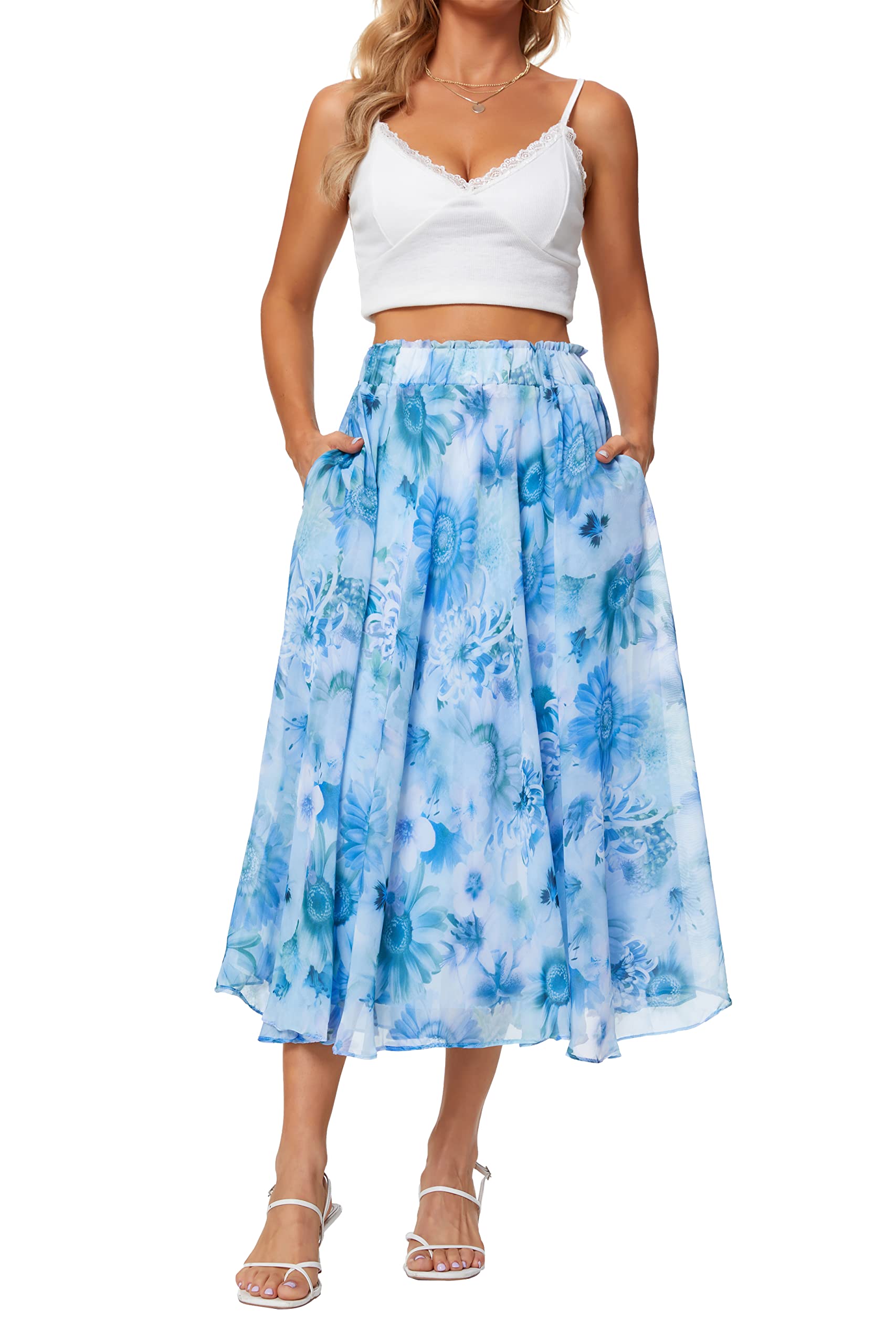 Sinono Women Elastic High Waist A Line Floral Print Swing Chiffon Beach Midi Long Skirt with Pockets