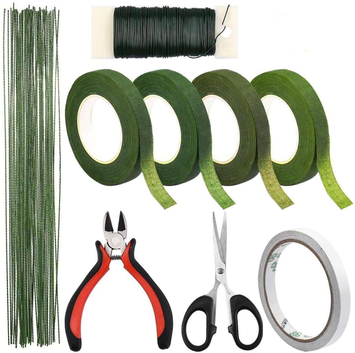 Floral Arrangement Tools, 4 Rolls Adhesive Floral Tape, 35m Floral Wire, 50pcs Floral Green Stem Wire, 10m Double Sided Tape with Scissors, Cutting Pliers for Bouquet Stem Wrap Wedding Floristry