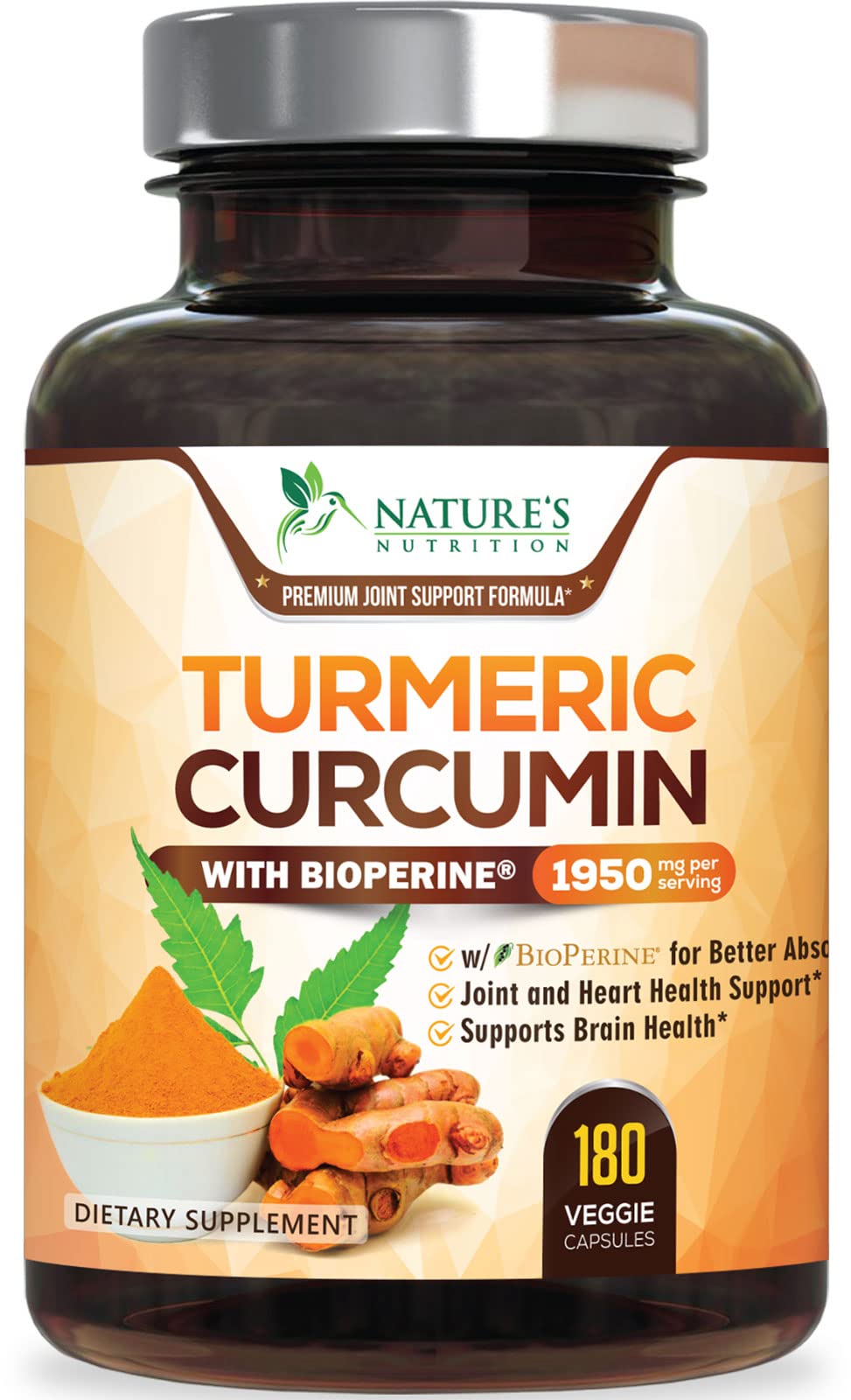 Turmeric Curcumin Supplement 1950mg with Black Pepper Extract 95% Curcuminoids - High Absorption Ultra Potent Turmeric Capsules with BioPerine, Nature's Tumeric Pills for Joint Support - 180 Capsules