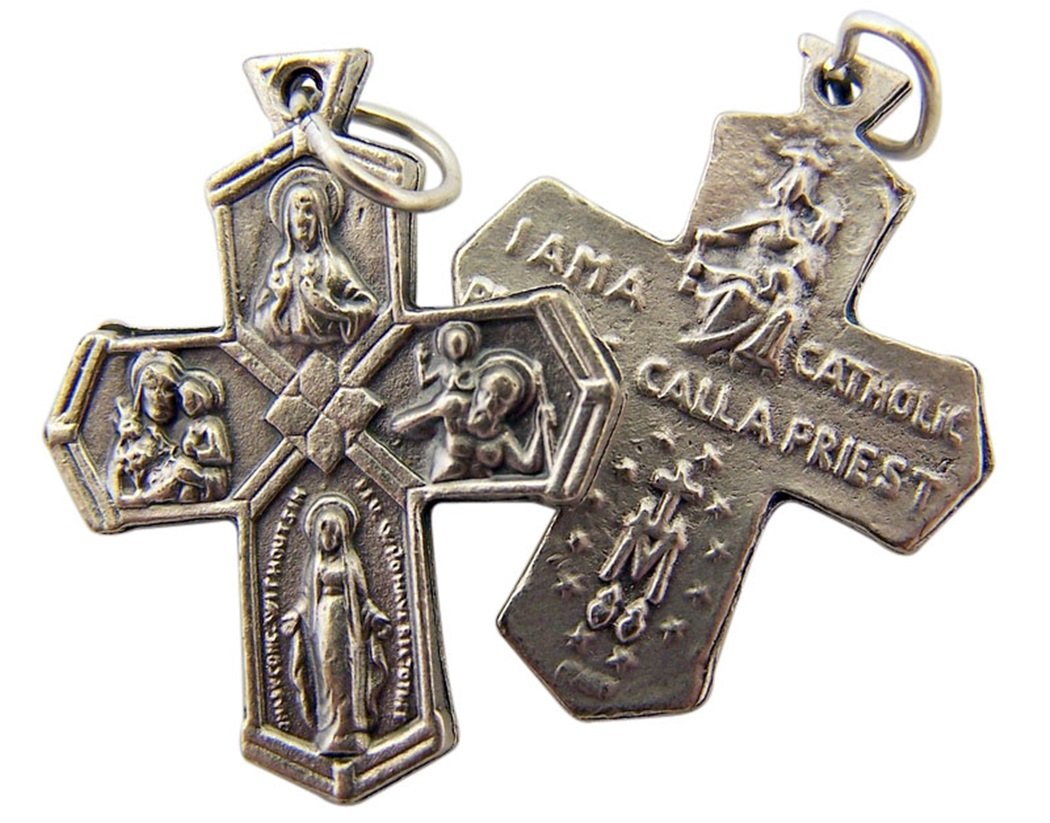 WJHSilver Toned Base I Am Catholic 4 Way Cross Crucifix Pendant, 1 1/8 Inch