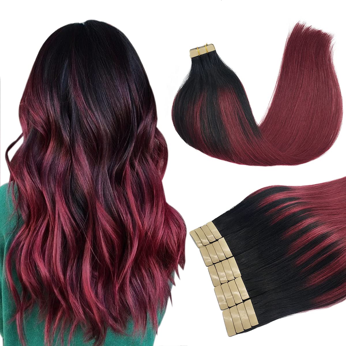 DOORES 16 Inch Tape in Hair Extensions Ombre Jet Black to Red Real Human Hair Extensions Tape in Straight Hair Extensions Natural Hair Skin Weft 50g 20pcs