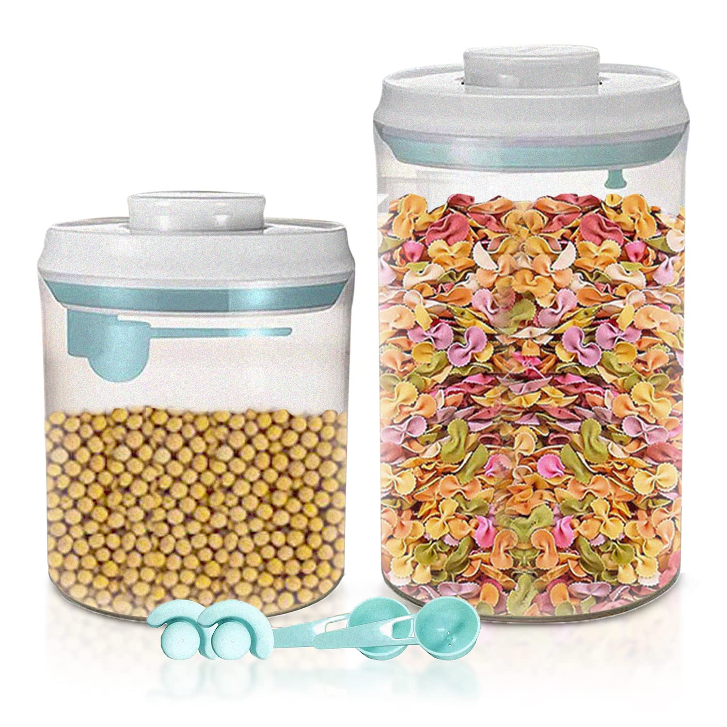 Set of 2 Airtight Food Containers with 2 Hanging Silicone Spoons, BPA-Free Kitchen Containers with Airtight Lids for Sugar, Flour, Rice, Snacks, 2 Different Sizes 1500ml & 700ml