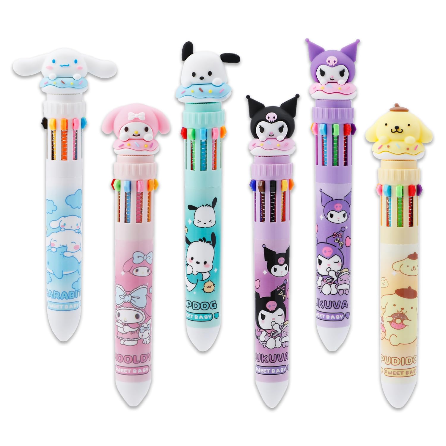 6pcs Kitty Cat 10-in-1 Multicolor Ballpoint Pen Cute 10-Color Retractable Ballpoint Pens for Office School Supplies Students Children Gift (Pen-10 in 1 B) (BLUE)