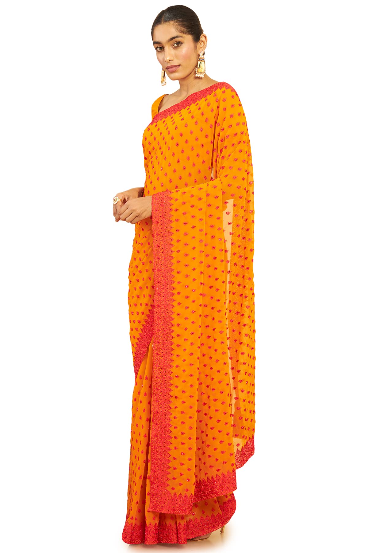 Soch Women Yellow Pure Georgette Polka Dot Saree