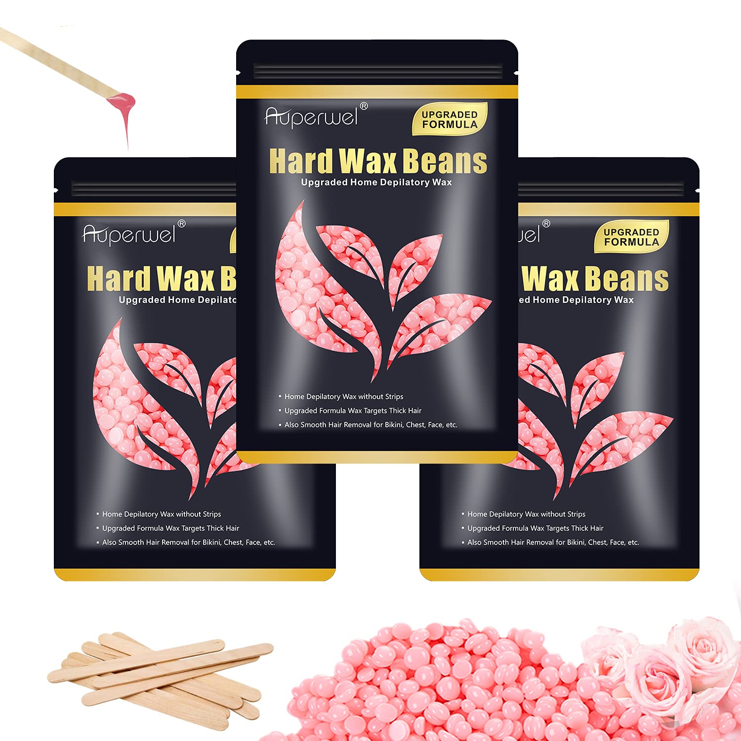 Painless Hard Wax Beans for Hair Removal, 10.5oz Upgraded Formula for Face, Eyebrow, Brazilian Bikini with 10 Applicators (3 Rose)