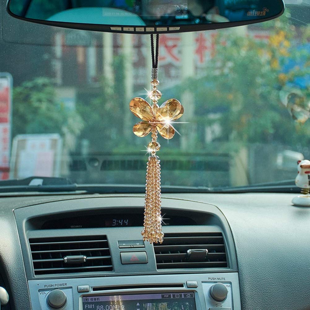 ATMOMO Crystal Butterfly Car Rear View Mirror Accessories Lucky Car Hanging Ornament (Champagne)