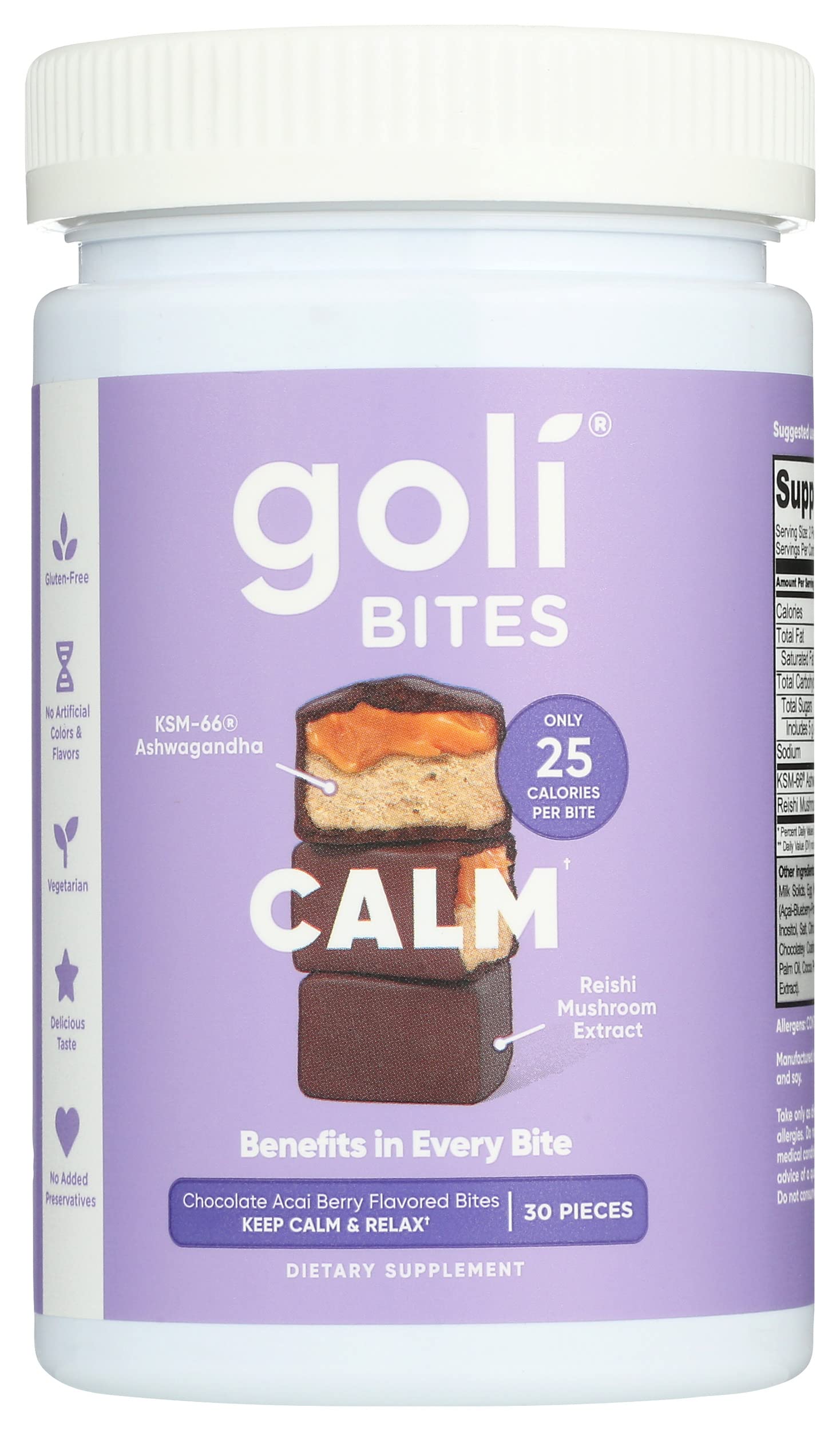 GoliNutrition Calm Ashwagandha Bites Chocolate Acai Berry Flavor, Caffeinated, Vegetarian, Gluten Free and No Added Preservatives, 30 Pieces (Pack of 1)