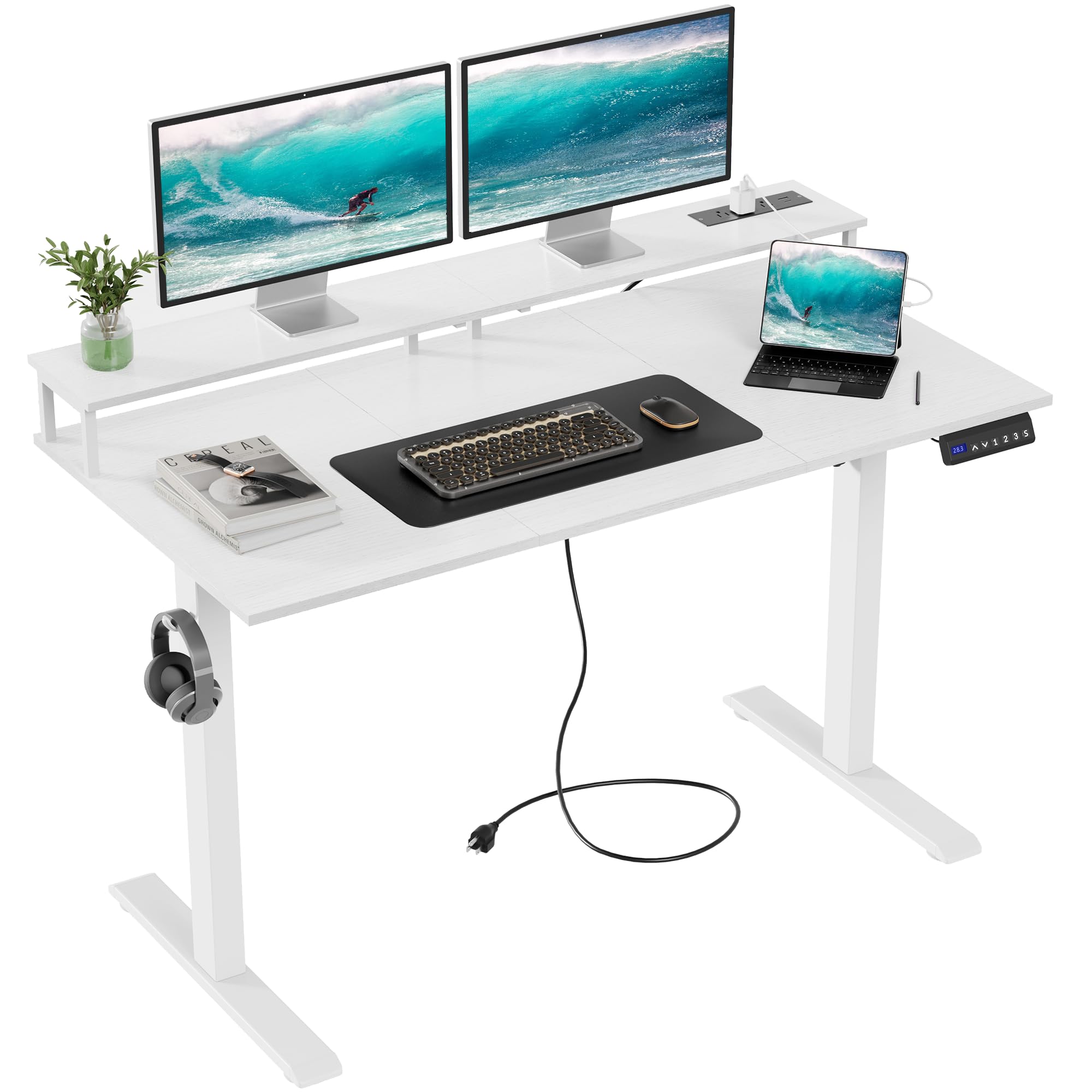 Mr IRONSTONE Electric Standing Desk with Monitor Shelf, 47" x 27" Height Adjustable Desk with 3 AC Outlets & 2 USB Ports, Sit Stand Up Desk Home Office Computer Desk (White)