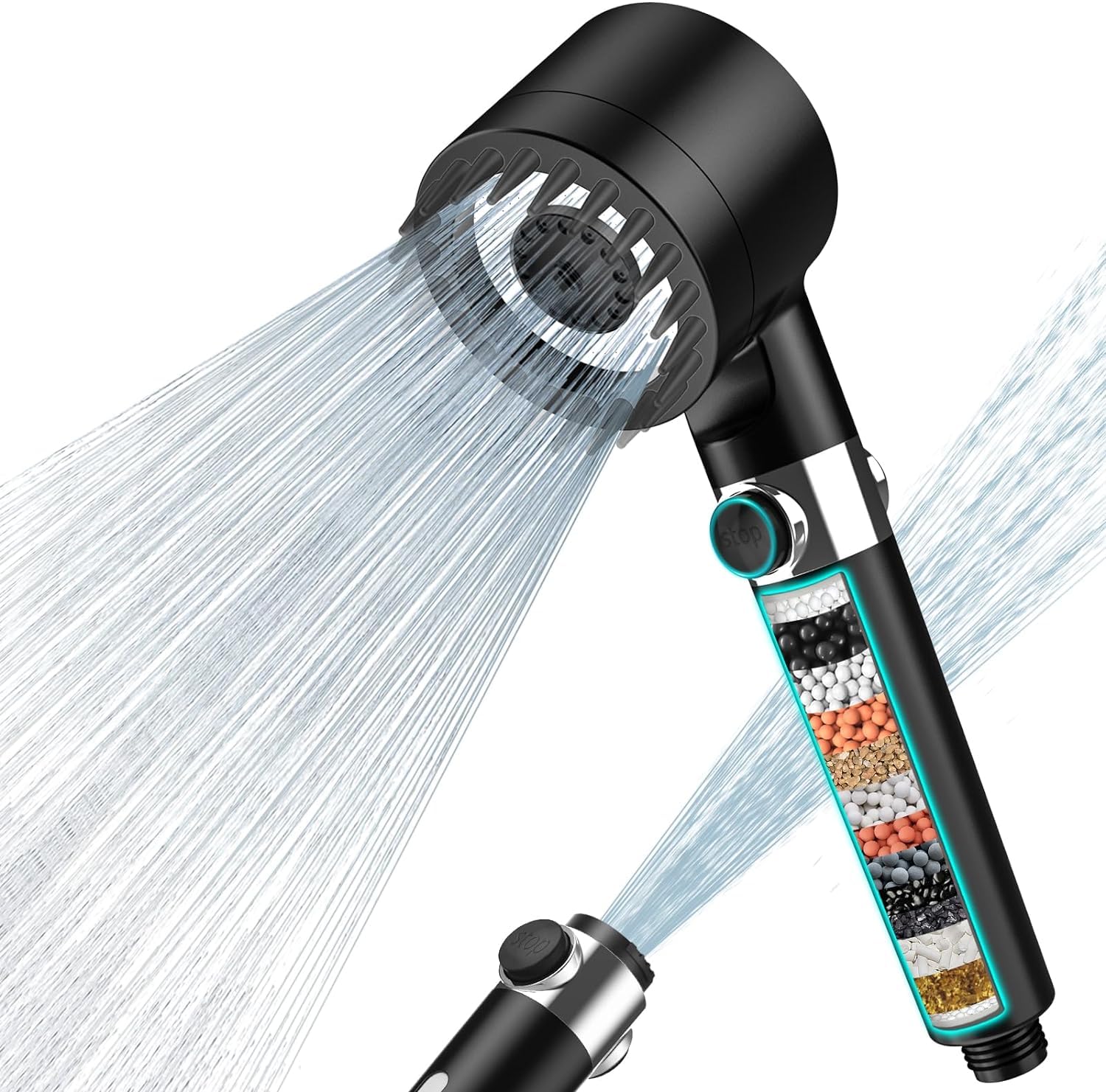 MEKO Hard Water Filter Shower Head with 15 Stage Filter, 3+1 Spray Jet Modes High Pressure Shower Head and 1.5m Hose, Handheld Massage Shower Filter for Residual Chlorine Remove (Black)