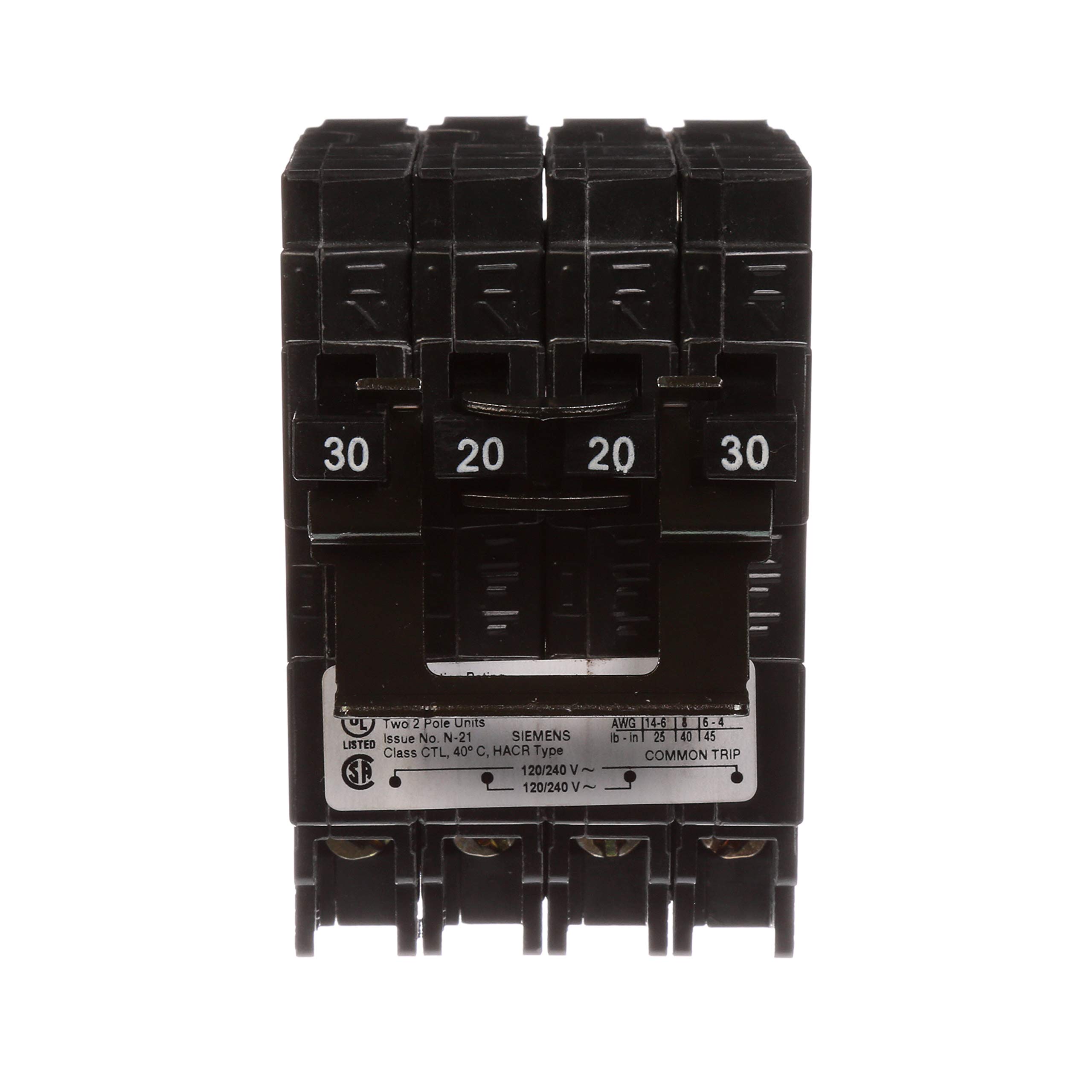 SIEMENS Quadplex Two Double Pole 30 Amp Outside Two Double Pole 20 Amp Inside Circuit Breaker (Q23020CT2)