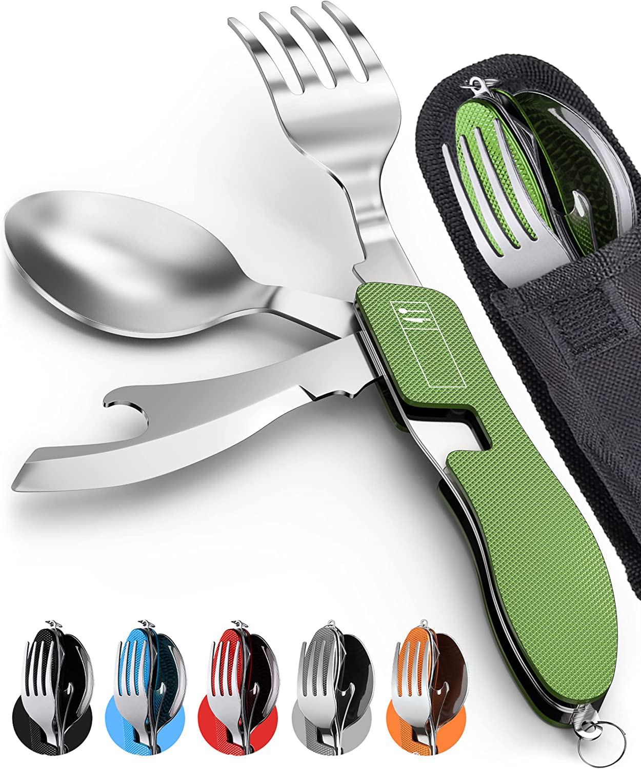 Folding Camping Utensils Cutlery Set, 2Pcs 4-in-1 Stainless Steel Spoon Fork Knife Bottle Opener Set Detachable Tableware Pocket Kits Backpacking Cutlery Multitool, for Camping, Travel