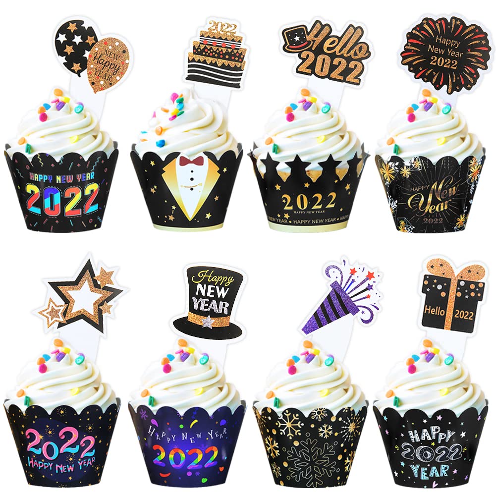 48pcs Happy New Year Cupcake Toppers and Wrappers,Happy New Year Hello 2022 Cupcake Cake Picks, Black Gold for Happy New Years 2022 Eve Party Decorations & Supplies