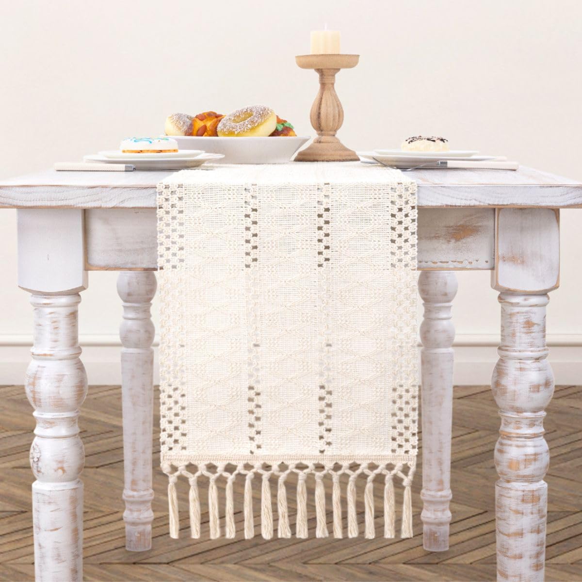 MLMCBoho Table Runner with Tassels 12 x 90 inches Rustic Macrame Table Runner for Christmas Home Wedding Bridal Shower Decor Ivory