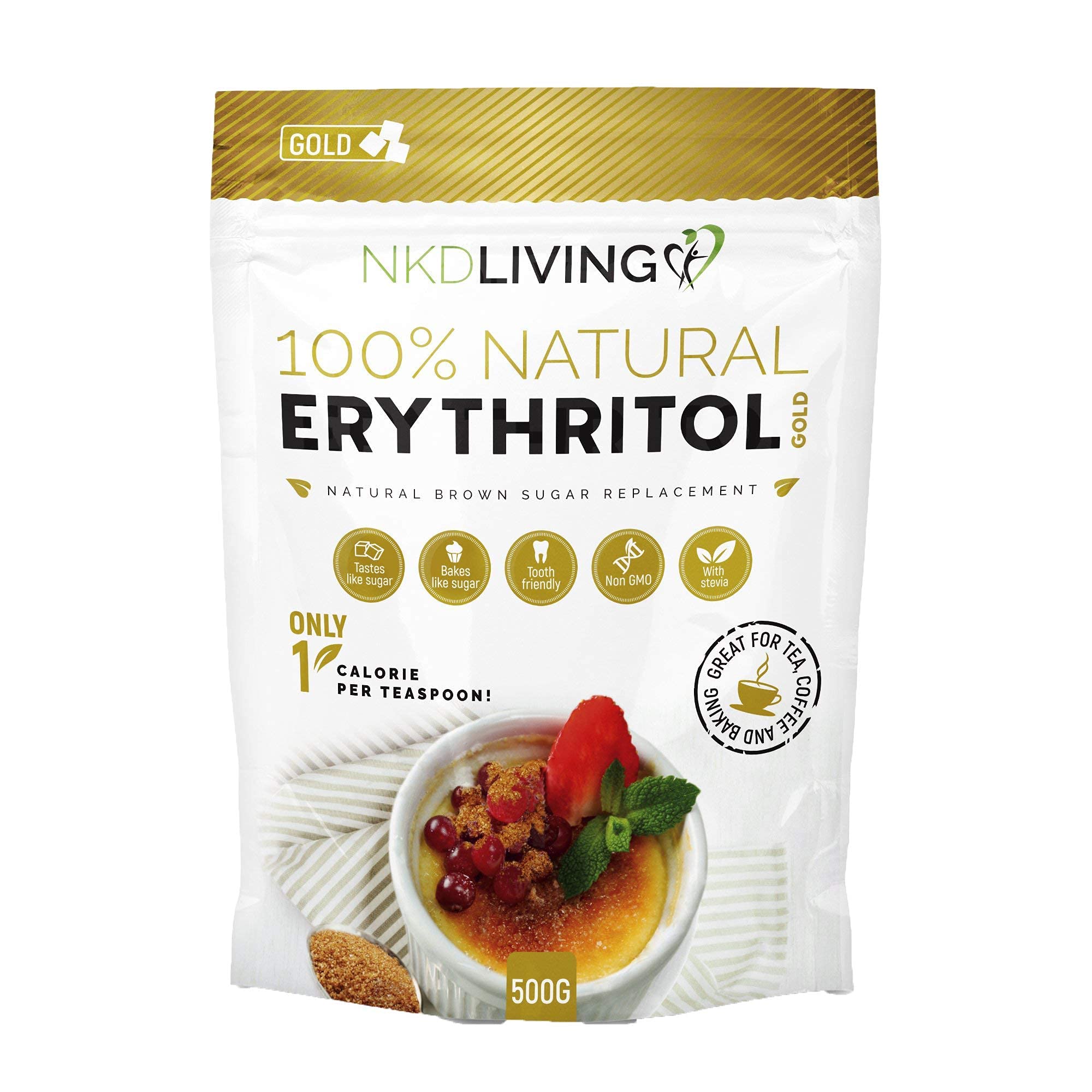 NKD Living Erythritol Gold 500g - Natural Brown Sugar Alternative with Stevia