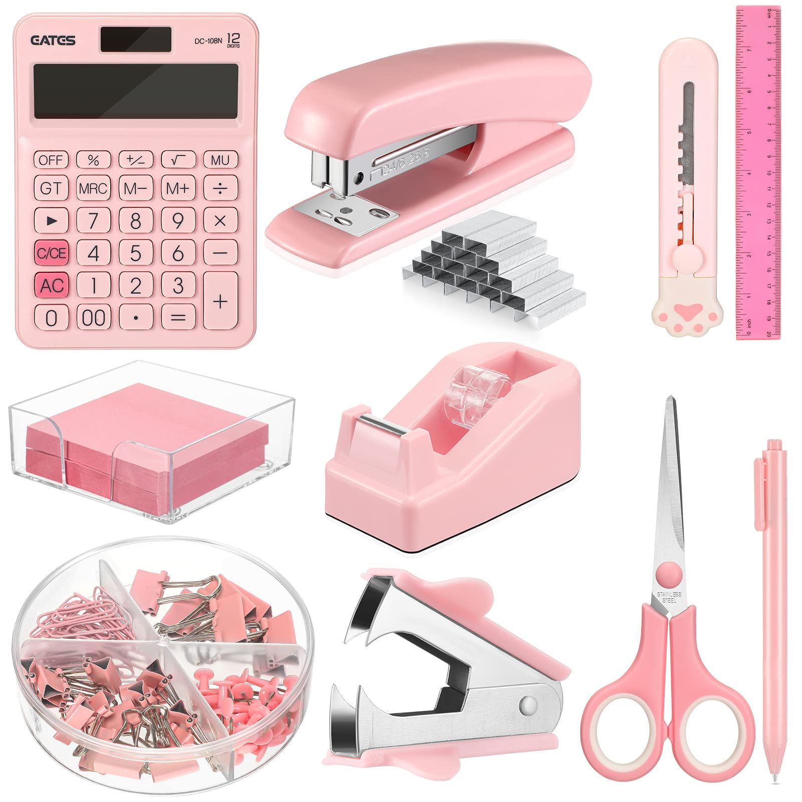 12 Pieces Pink Desk Accessory Kit Includes Stapler with Staples Tape Dispenser Staple Sticky Note with Box Pen Paper Clips Kit Ruler Utility Calculator Cute Office Desk Supplies