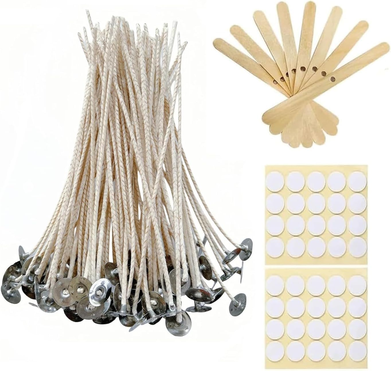 50 pcs 6" Candle Wicks for Candle Making Coated with Natural Soy Wax, Low Smoke Cotton Threads Woven with Paper 60 pcs Candles Wicks Stickers Wicks Centering Device