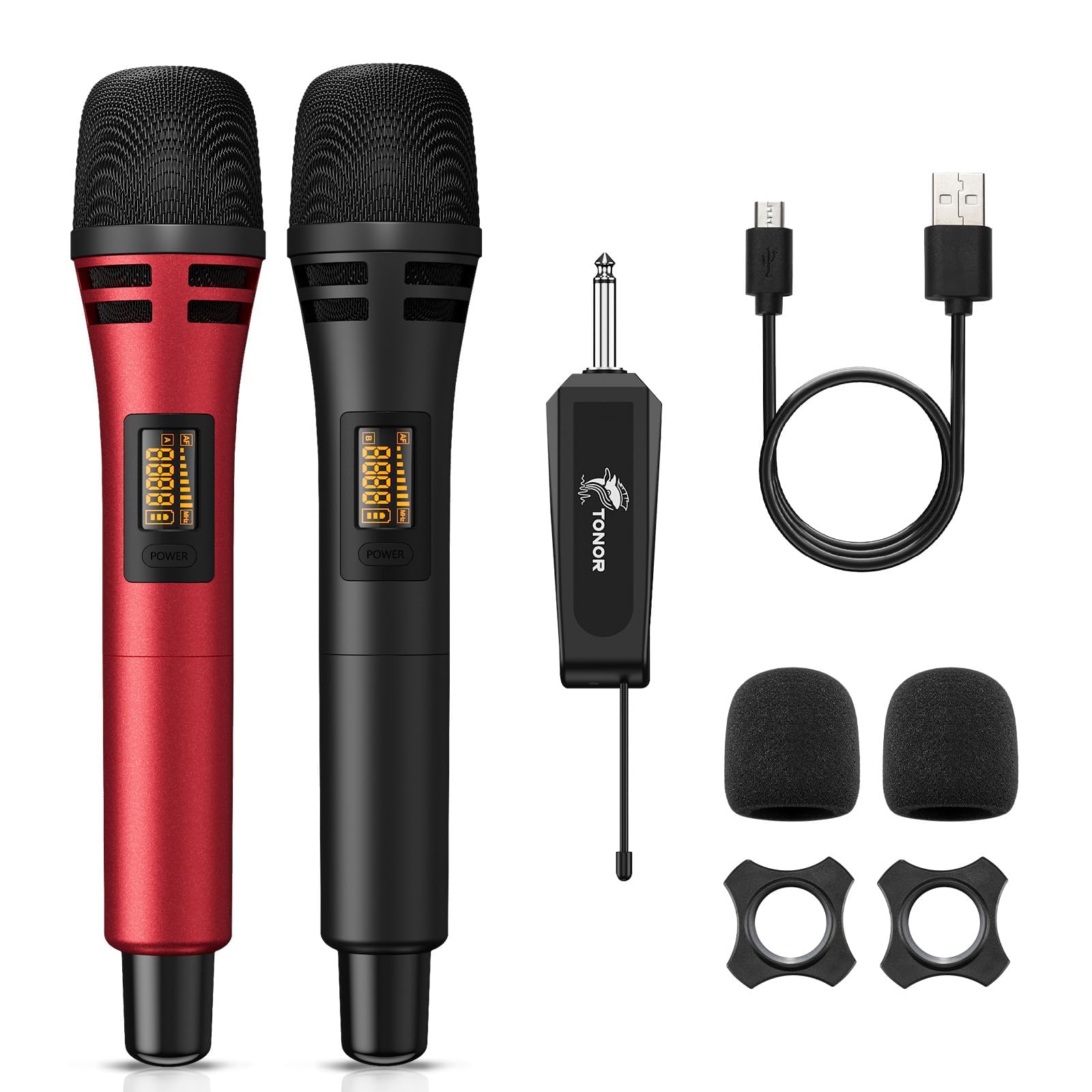 TONORWireless Microphone, UHF Cordless Handheld Dynamic Karaoke Singing Microfono Mic set with Rechargeable Receiver for Karaoke Machine, Wedding, DJ, Party, Speech, Church, Class Use TW320 Black&Red