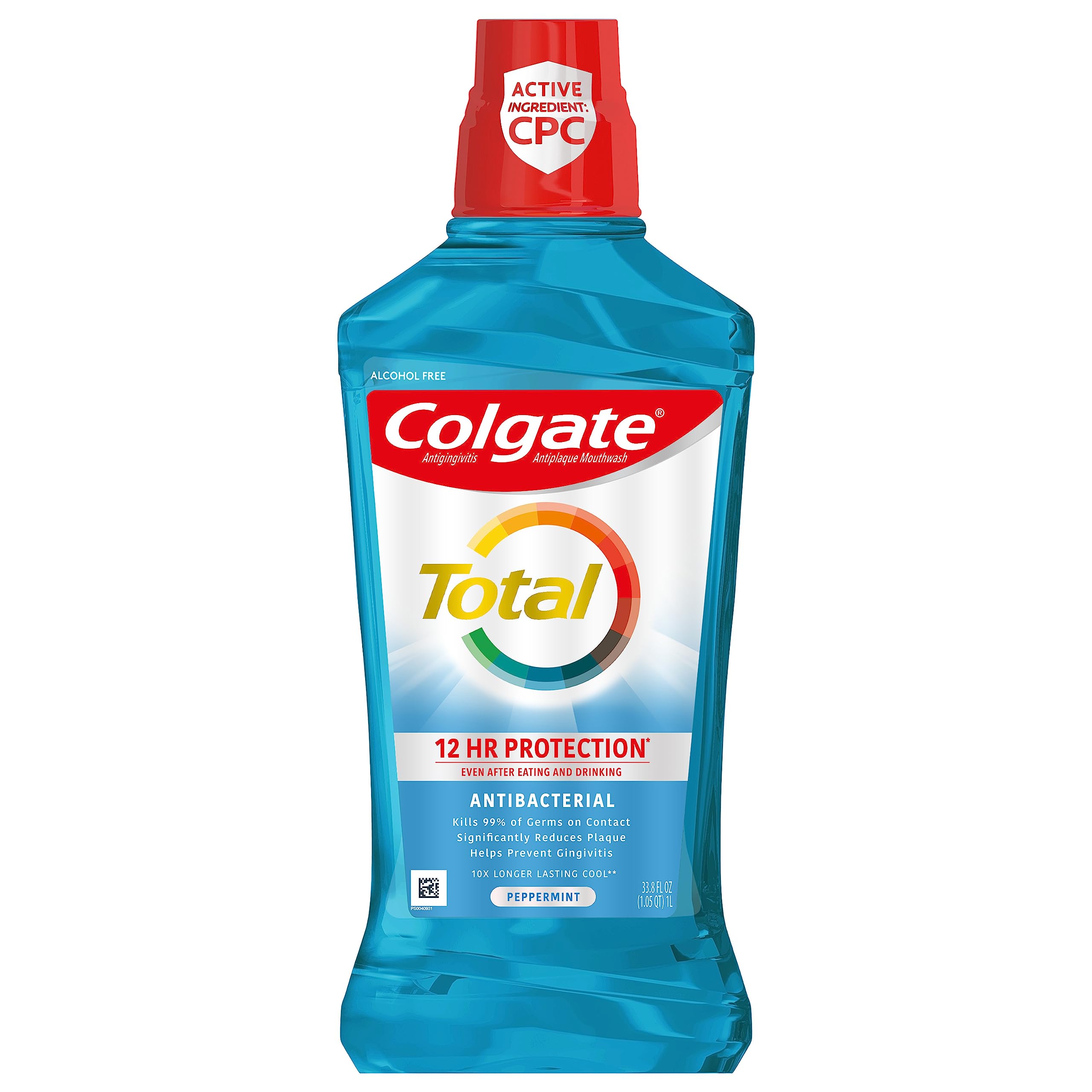 Colgate Total Advanced Pro-Shield Alcohol Free Mouthwash, Antibacterial Formula, Peppermint Blast - 1L, 33.8 Fluid Ounce